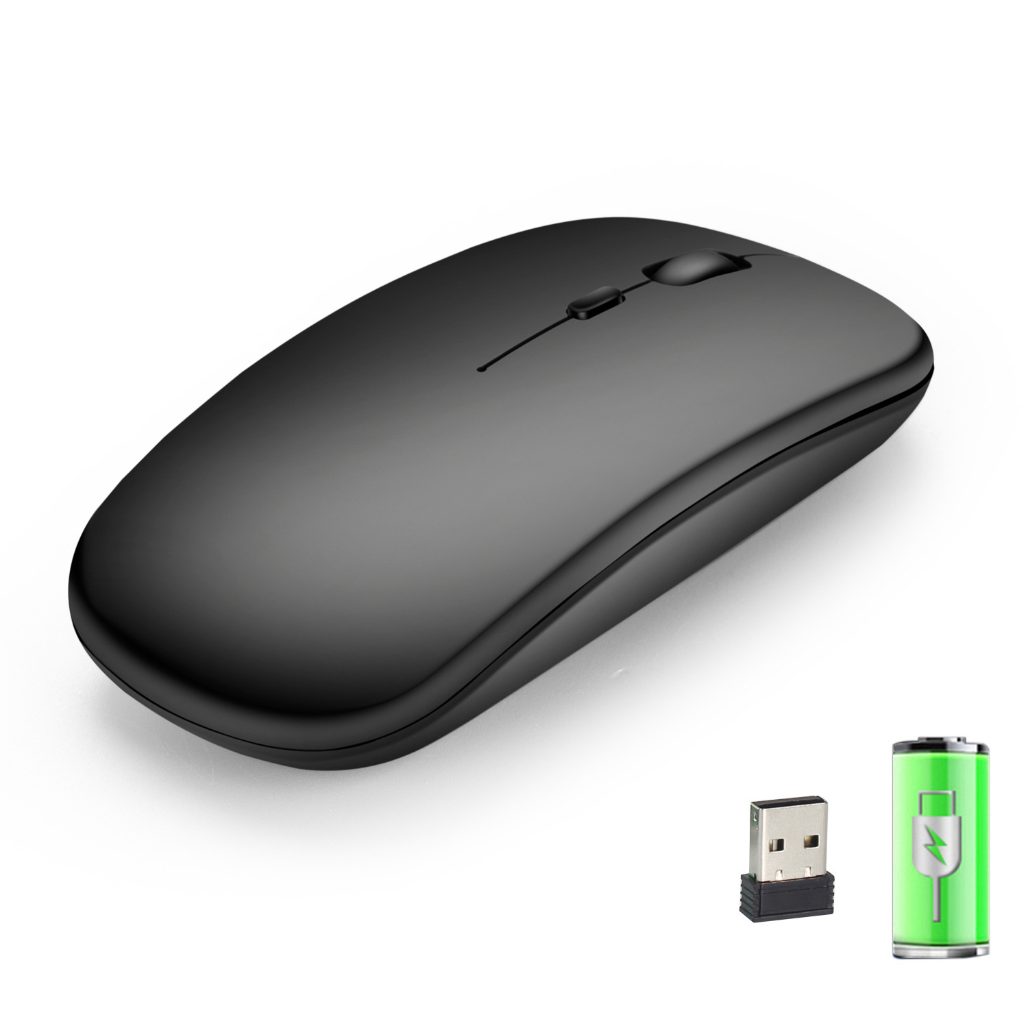Schwarze Maus mit USB-Dongle und Akkusymbol