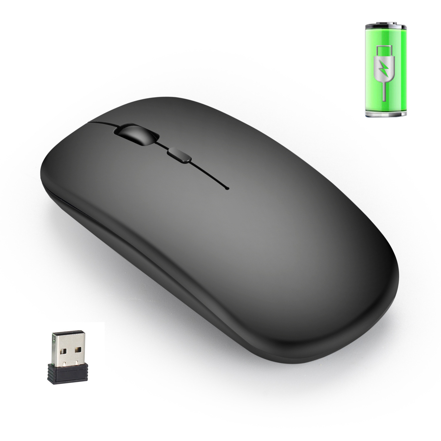 Schwarze Maus mit USB-Dongle und Batterieanzeige.