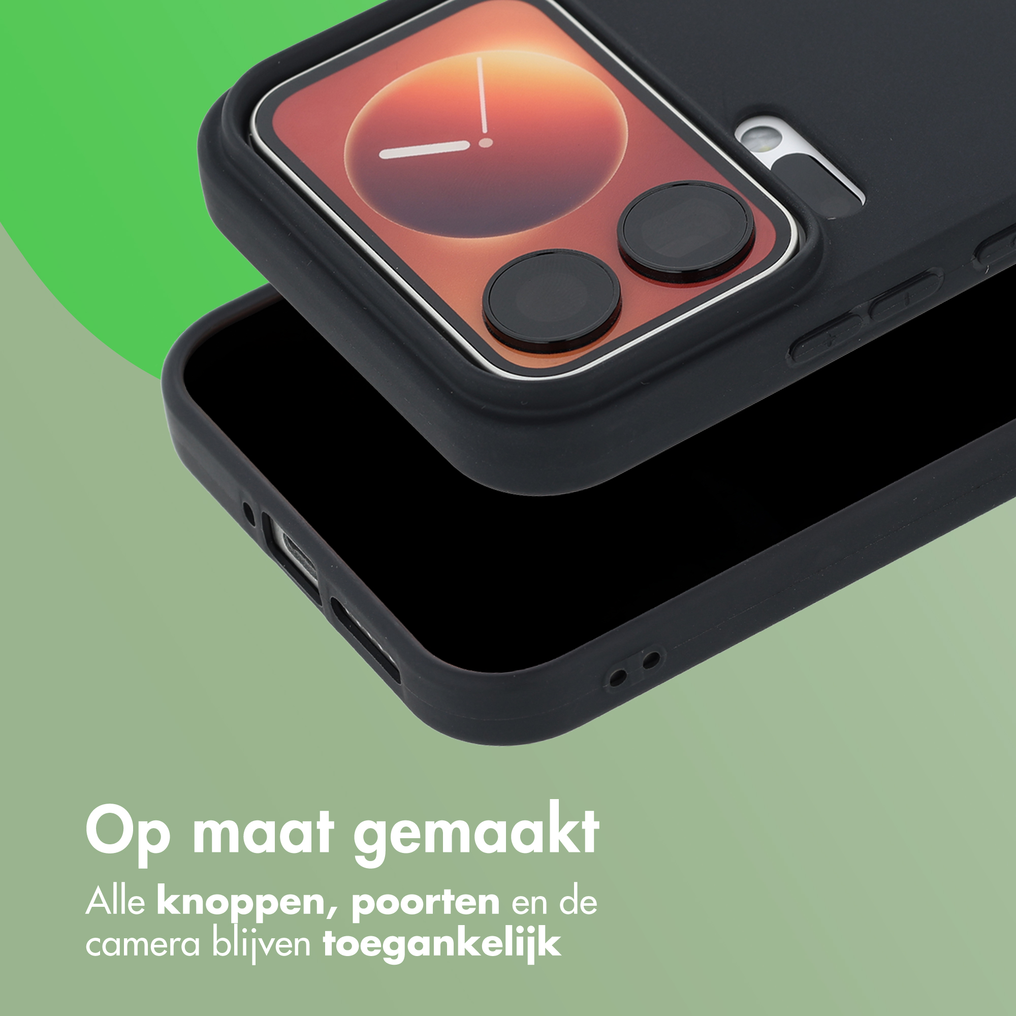 Een zwart telefoonhoesje met uitsparingen voor camera en knoppen.