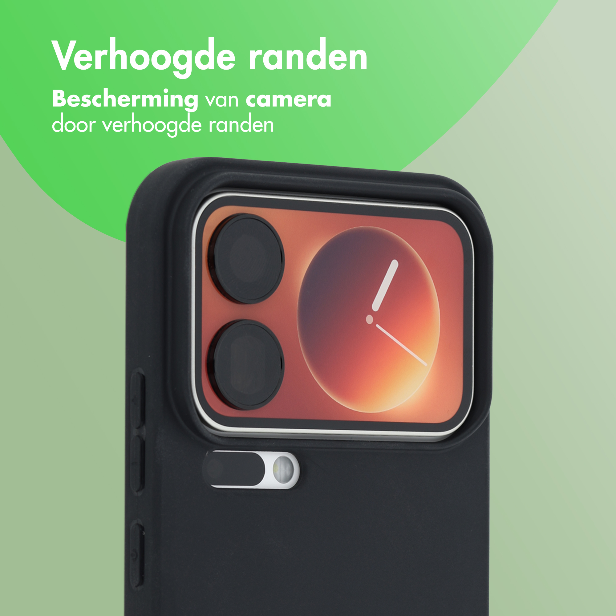 Zwarte telefoonhoes met verhoogde randen en camerauitsparing.