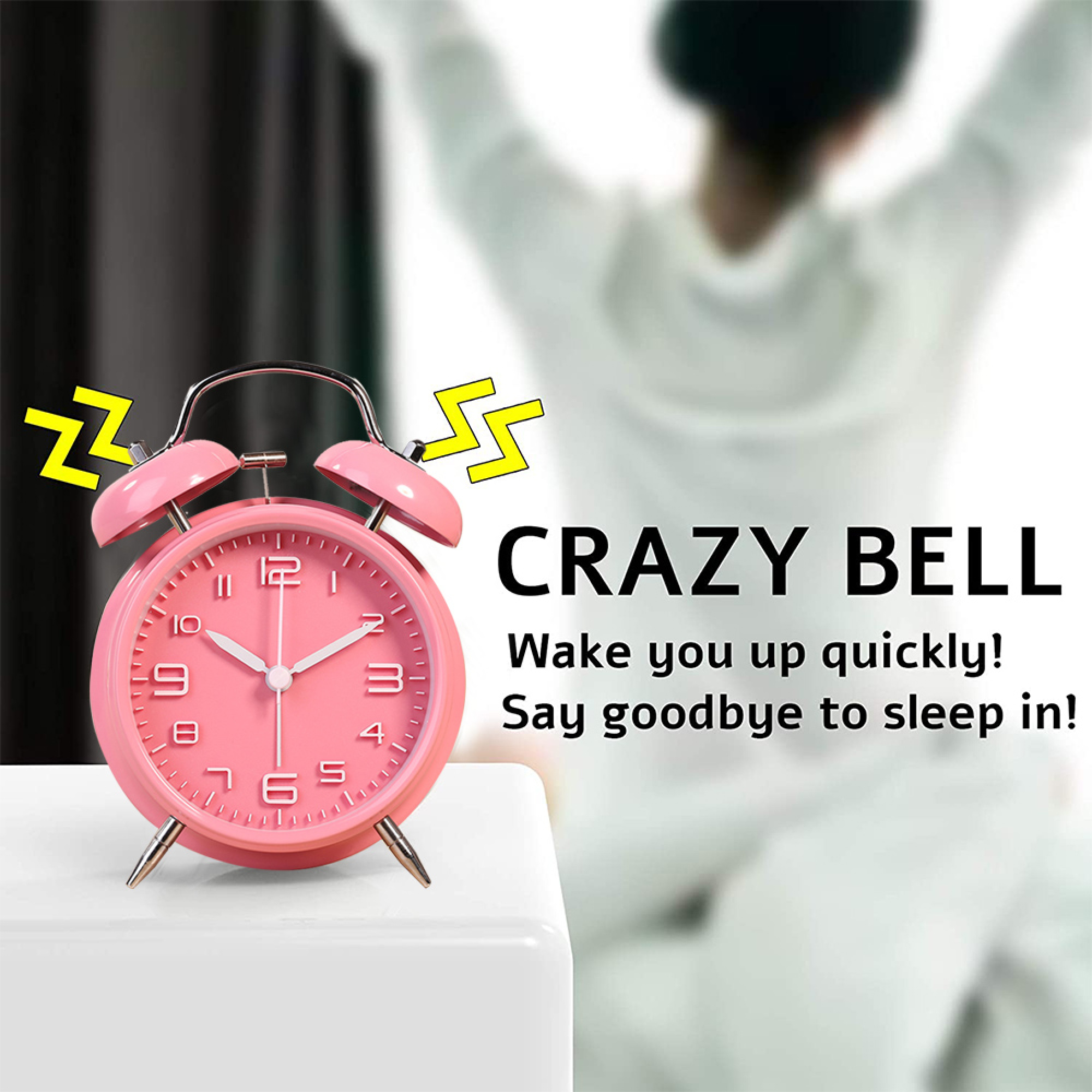 Ein rosa Wecker klingelt mit gelben ZZ-Symbolen. Text: CRAZY BELL.