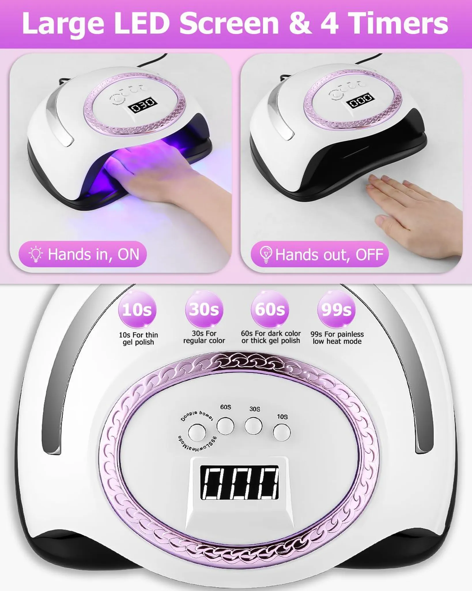 Weiße UV-Nagellampe mit LED-Bildschirm und vier Timern. Hand wird hineingesteckt.