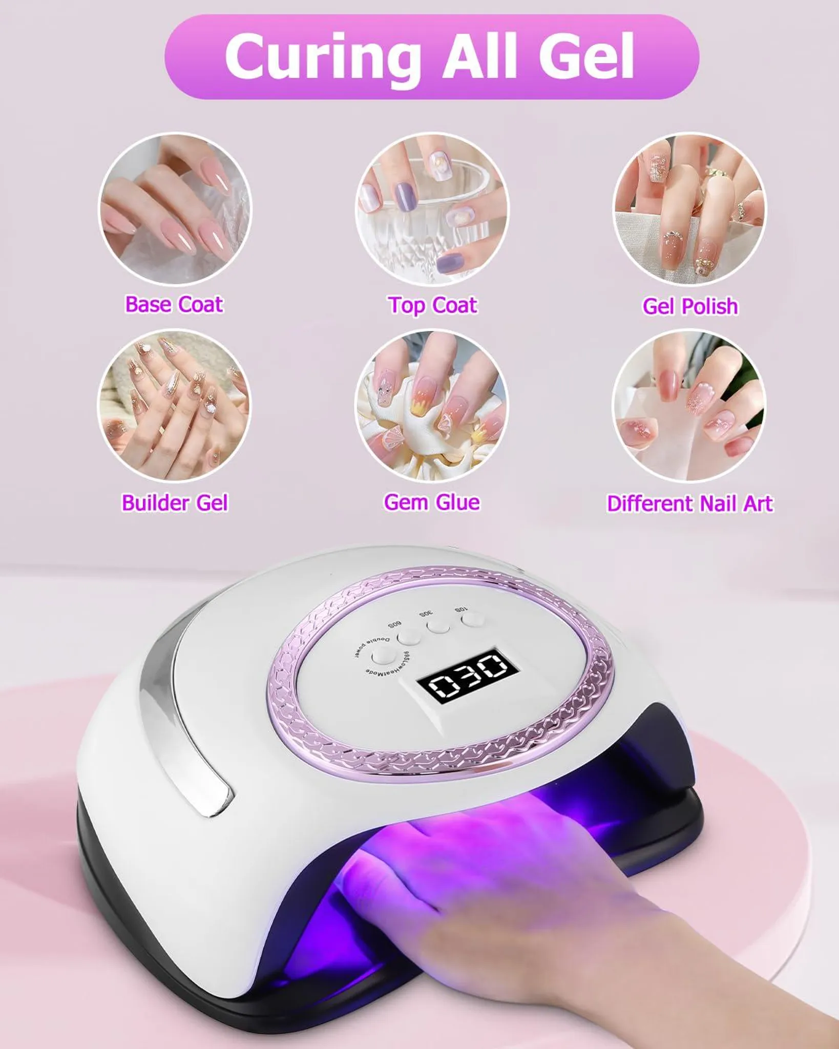 Ein Nagel-UV-Härtungsgerät mit sechs kleinen Bildern von Nagelkunst und einer Hand im Inneren.