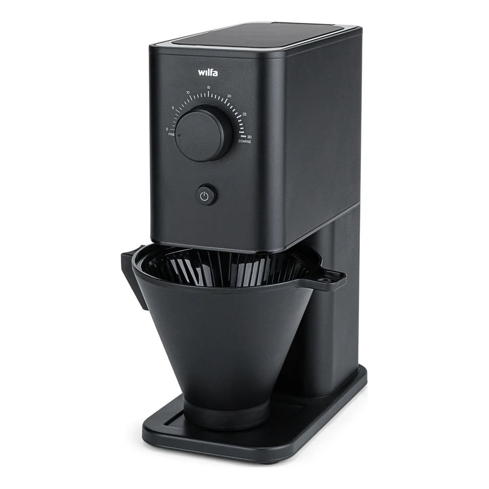 Schwarze Kaffeemühle mit Einstellungswahlrad und Ein-/Aus-Schalter.