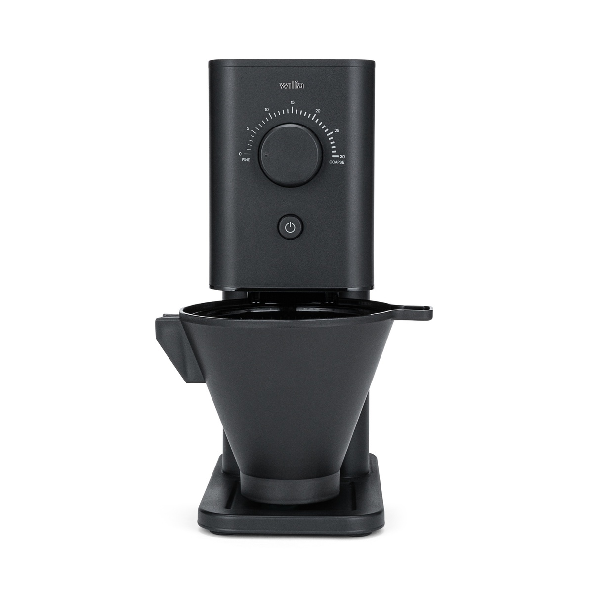 Eine schwarze Kaffeemühle mit Einstellknopf und Power-Taste.