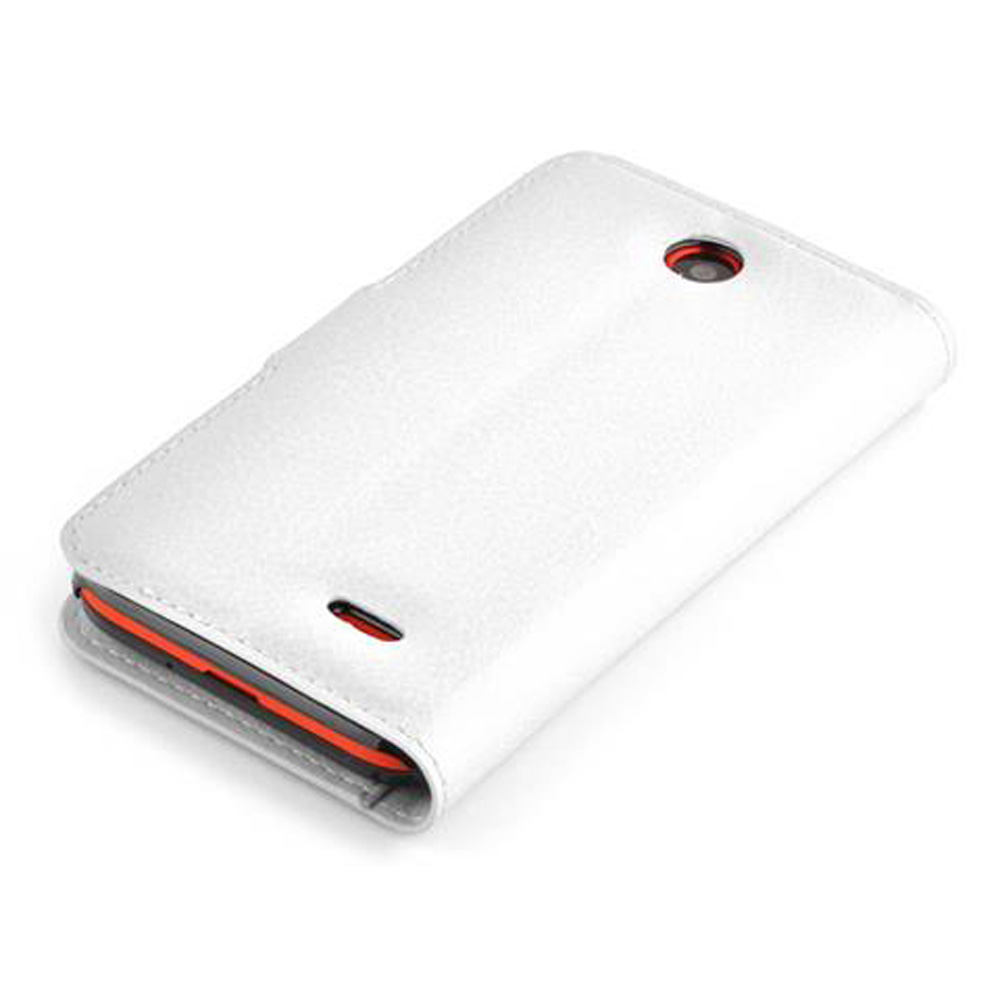 Custodia a libro bianca per smartphone con bordo rosso.
