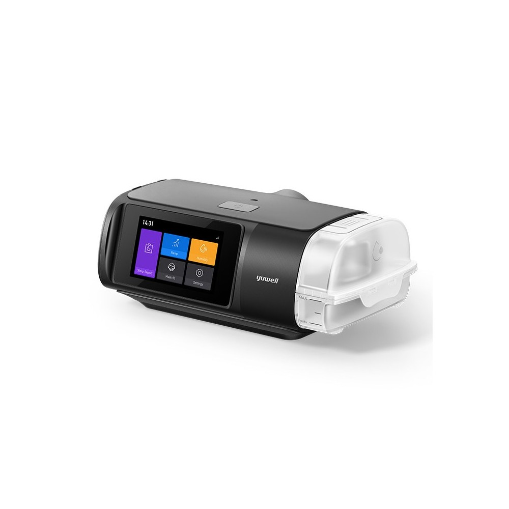 Une machine CPAP noire avec écran tactile affichant les paramètres et un réservoir d'eau.