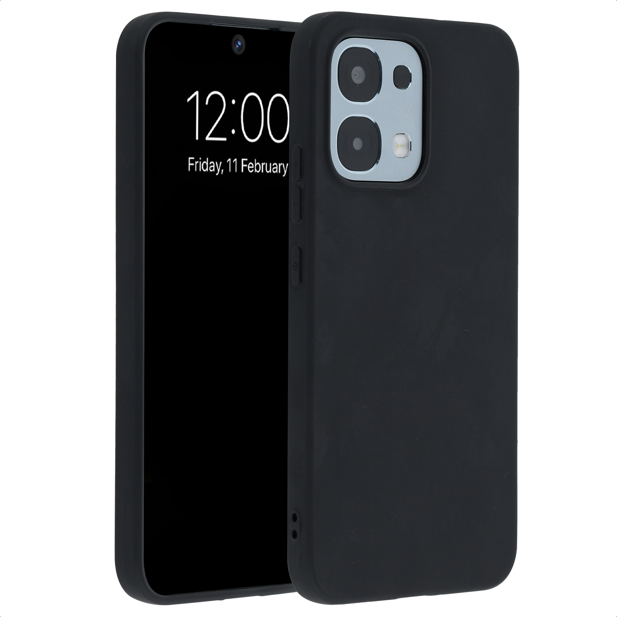 Zwarte smartphone met leeg scherm en camerahoes.
