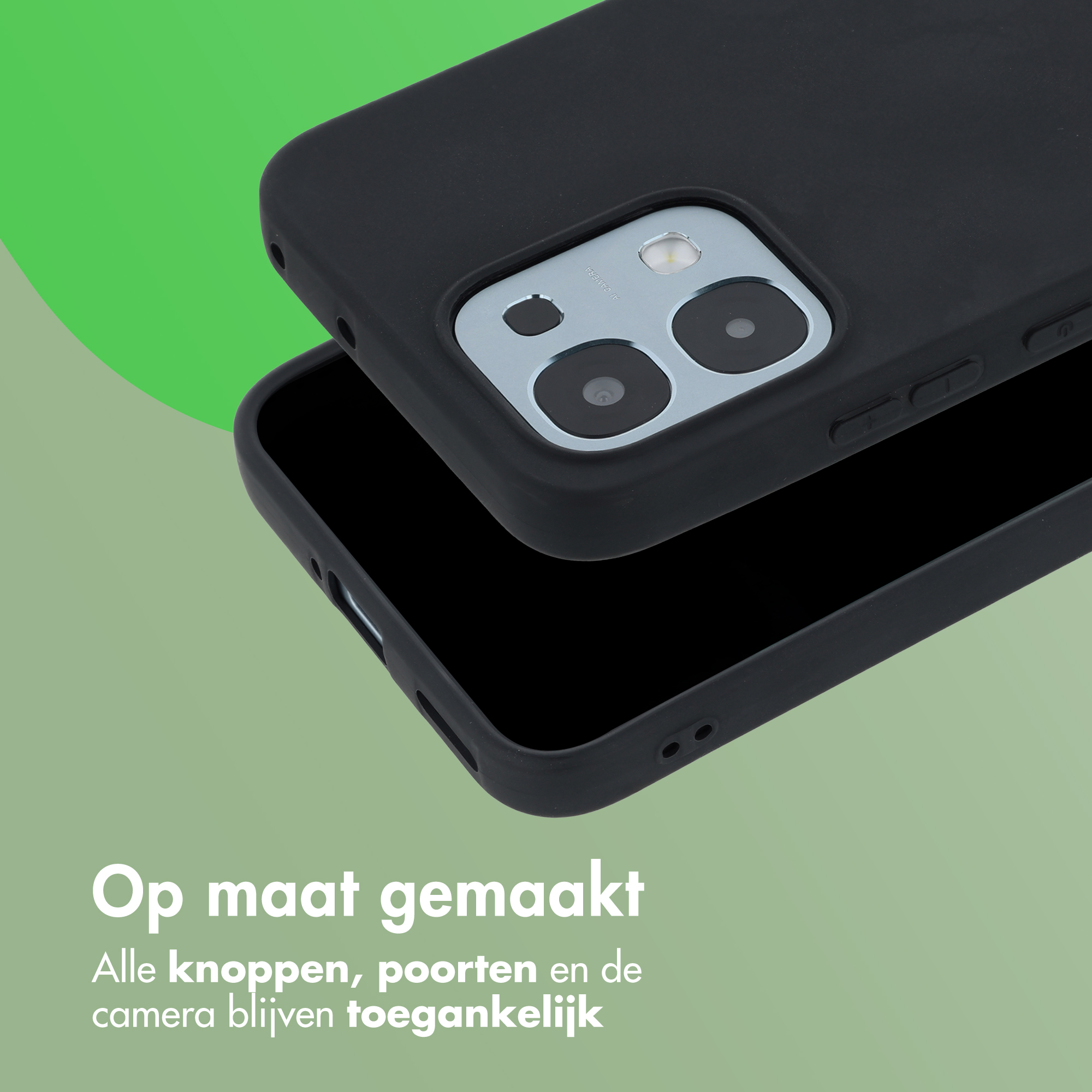 Een zwart telefoonhoesje over een telefoon op een groene achtergrond.