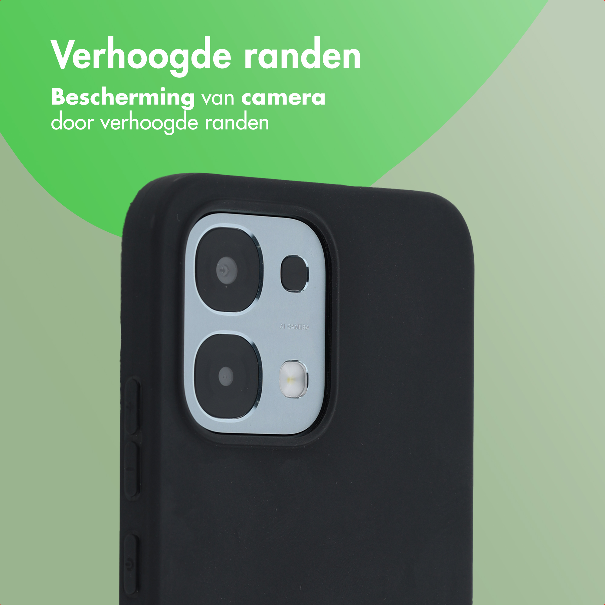 Zwarte telefoonhoes met verhoogde randen rond de camera.