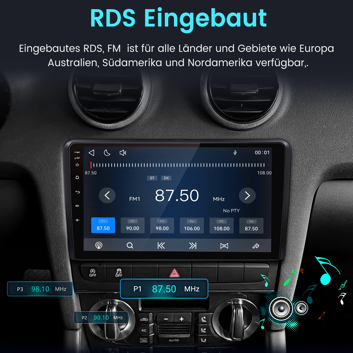 Autoradio mit RDS-Anzeige, zeigt FM-Frequenzen und Sender an.