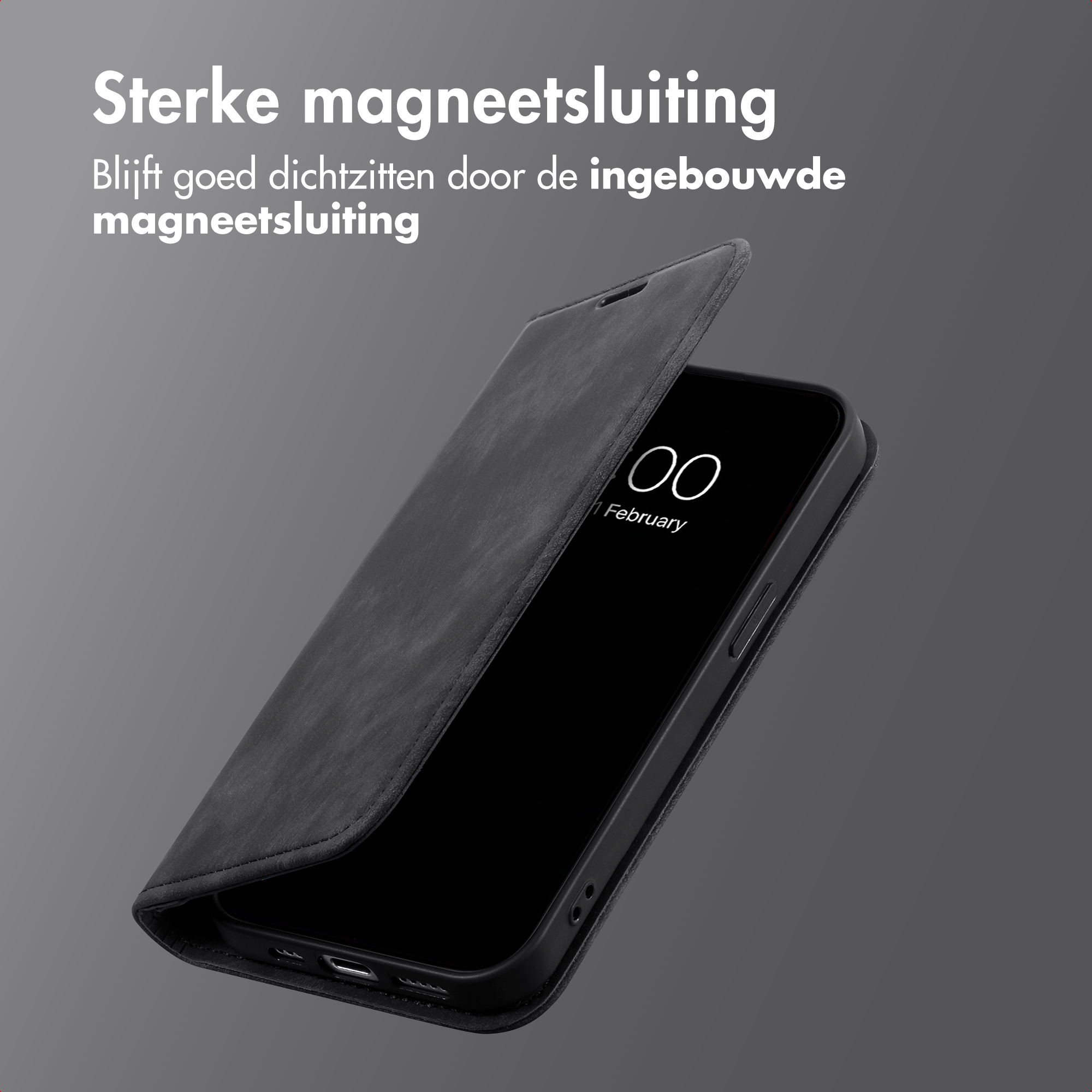 Custodia nera per telefono con chiusura magnetica, mostra ore 00:00.