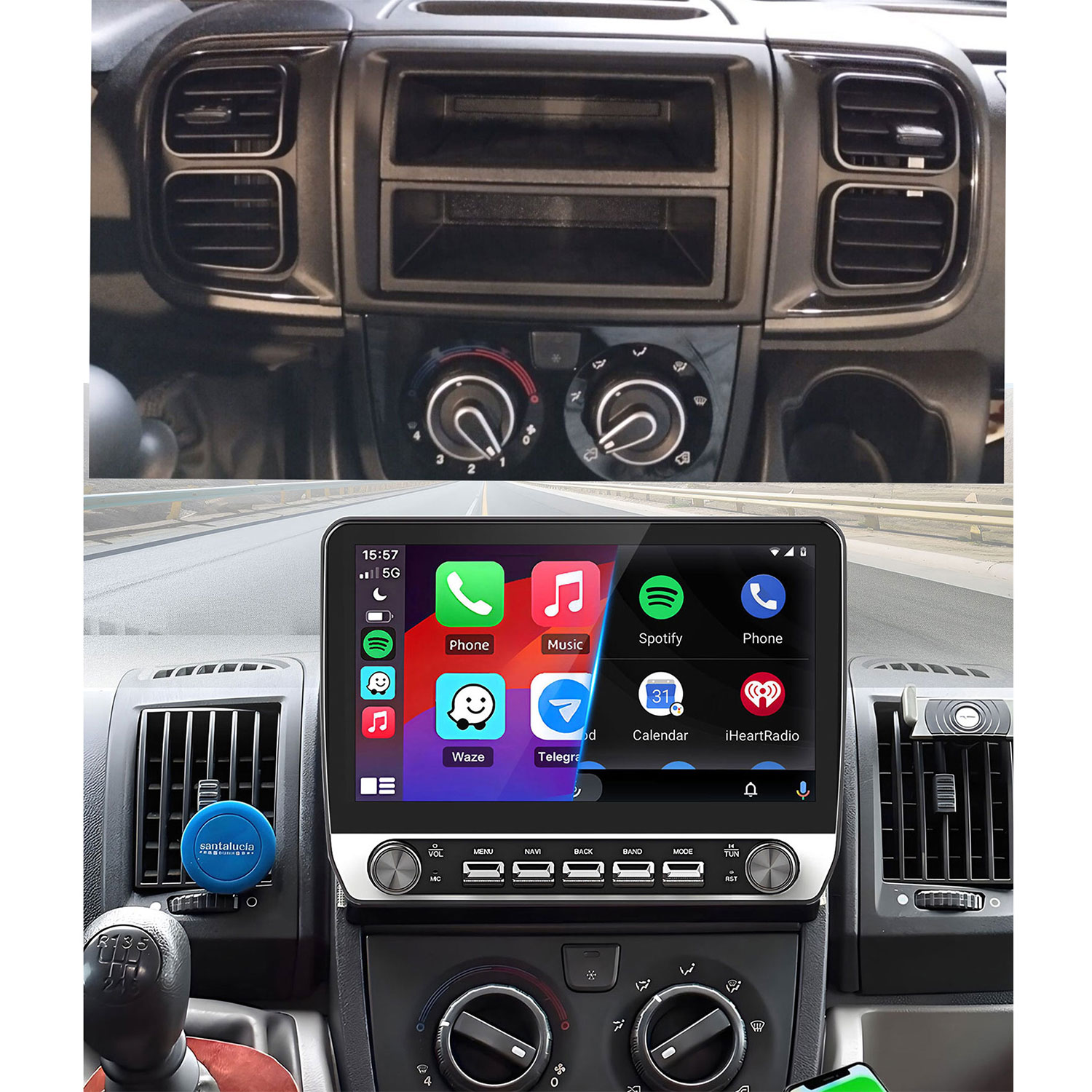 Das Bild zeigt das Armaturenbrett eines Autos mit einem modernen Infotainment-System.