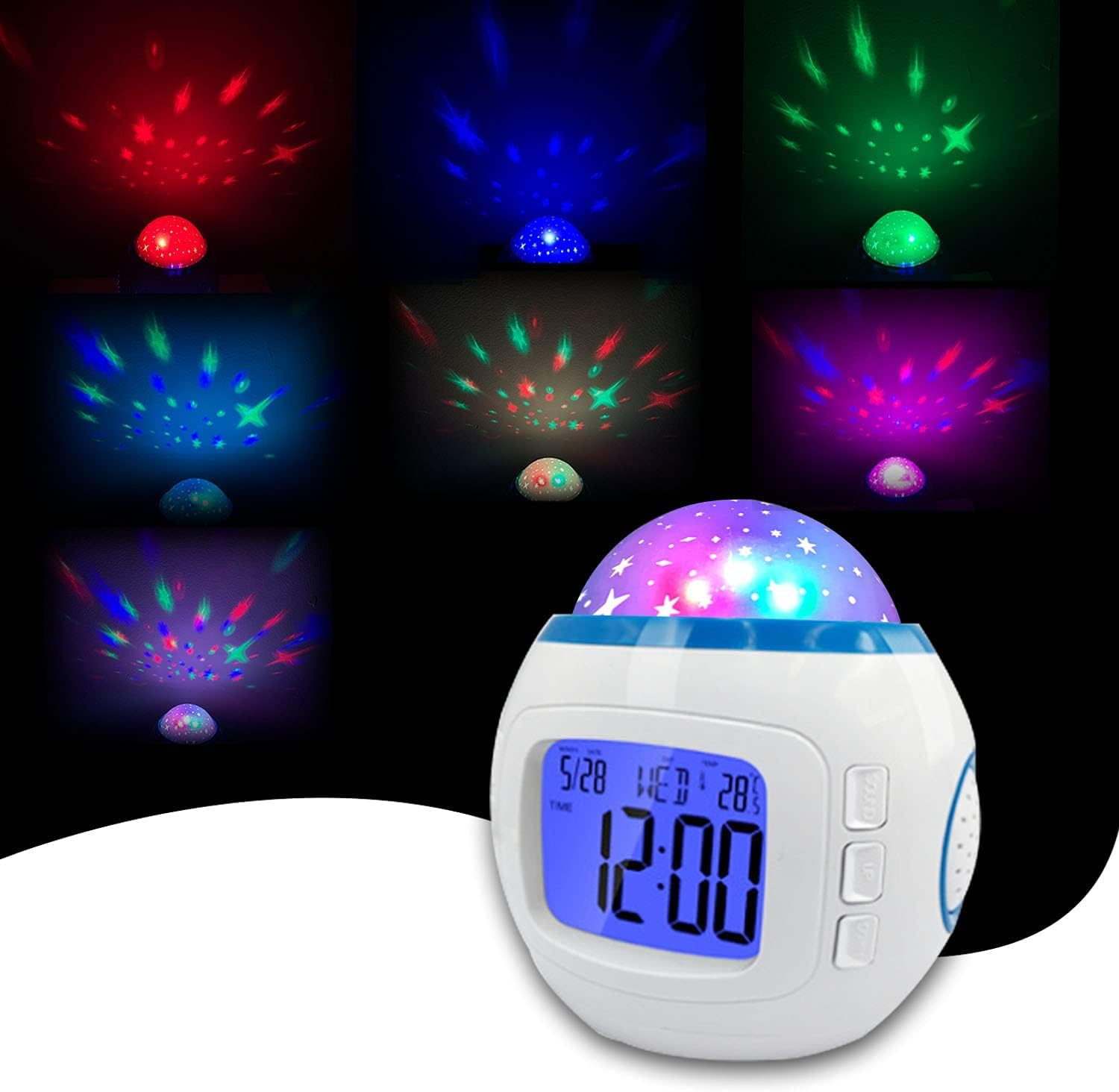 Ein Sternenlichtprojektor mit digitaler Uhr zeigt 12:00 Uhr. Verschiedene Farben leuchten.