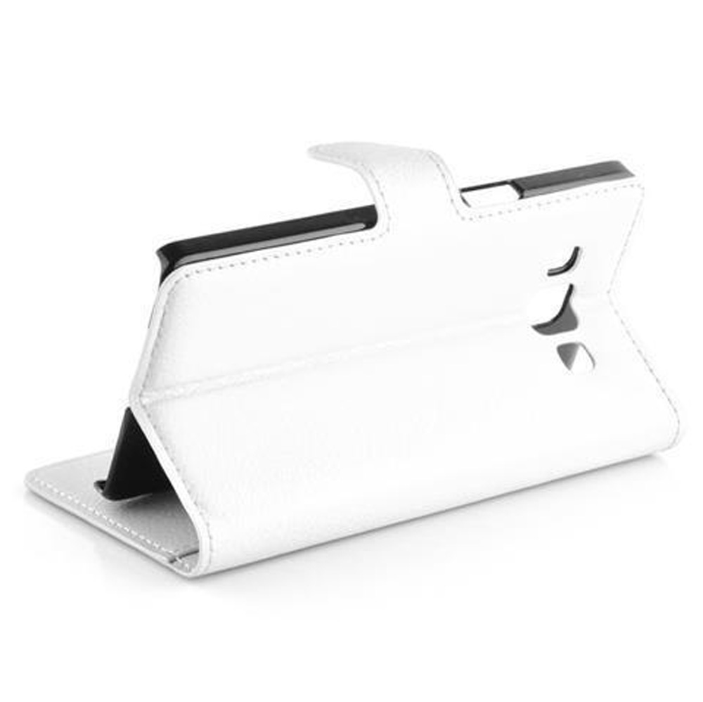 Una custodia a libro bianca per tablet, in piedi.