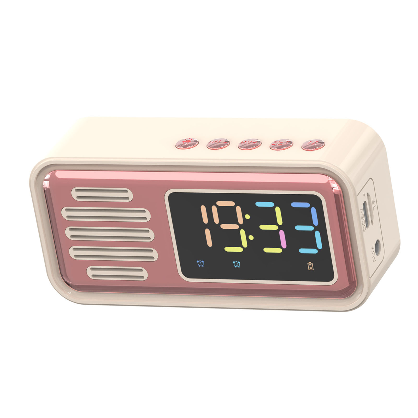 Ein cremefarbener Digitalwecker mit rosa Akzenten und einem farbigen LED-Display.