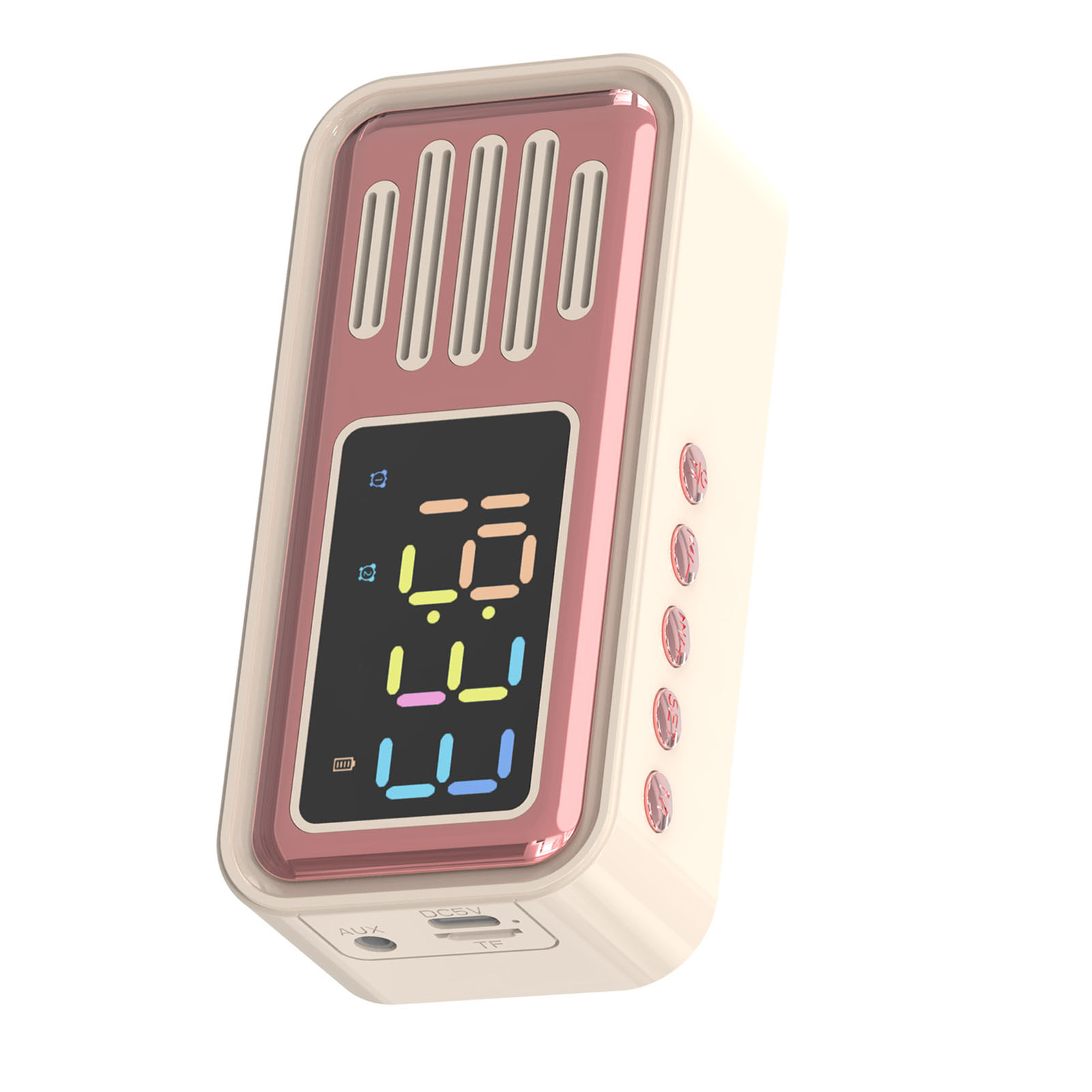 Kompakter, rechteckiger Lautsprecher in Rosa und Beige mit digitaler Anzeige.