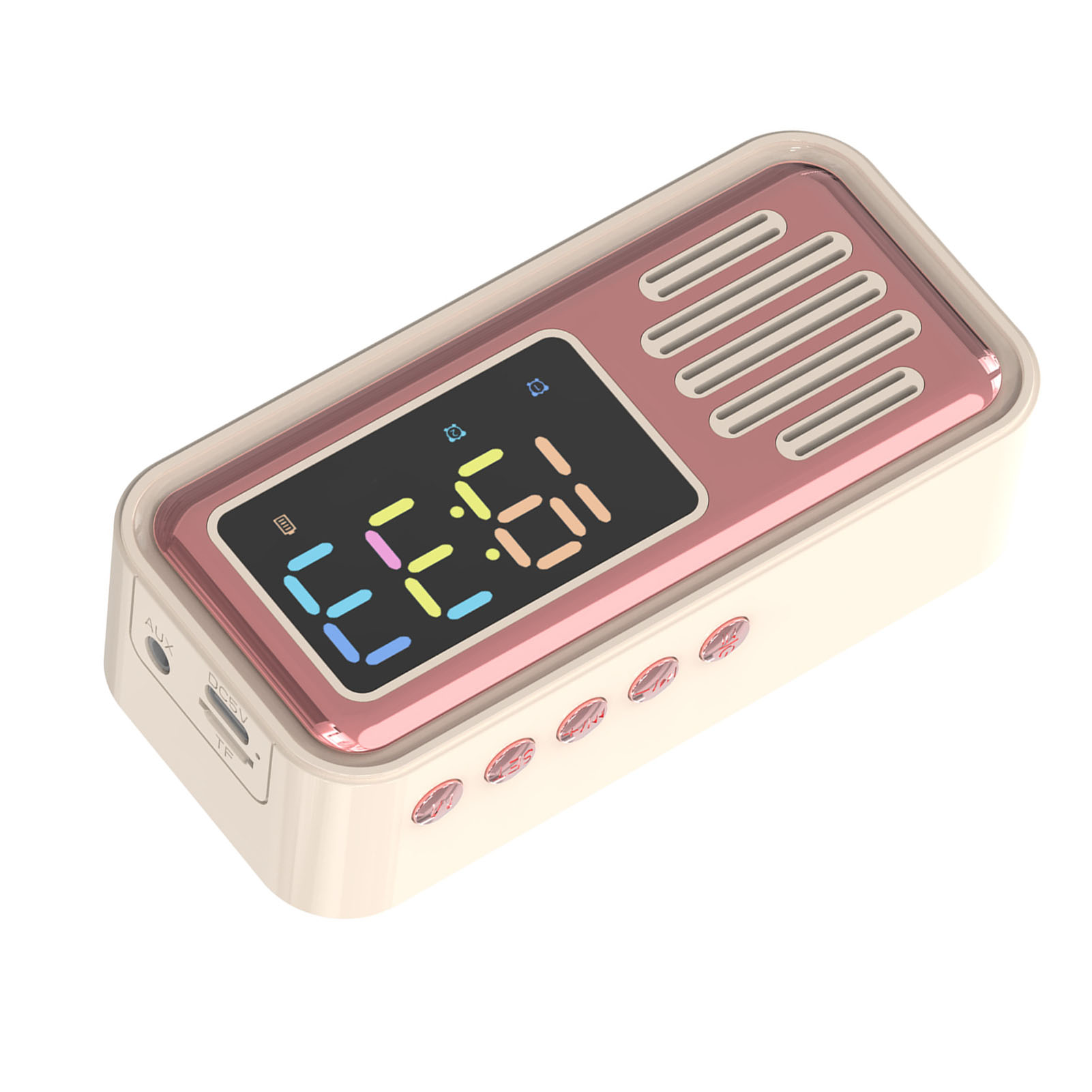 Ein beiger Retro-Lautsprecher mit roségoldenem Akzent und digitaler Anzeige.