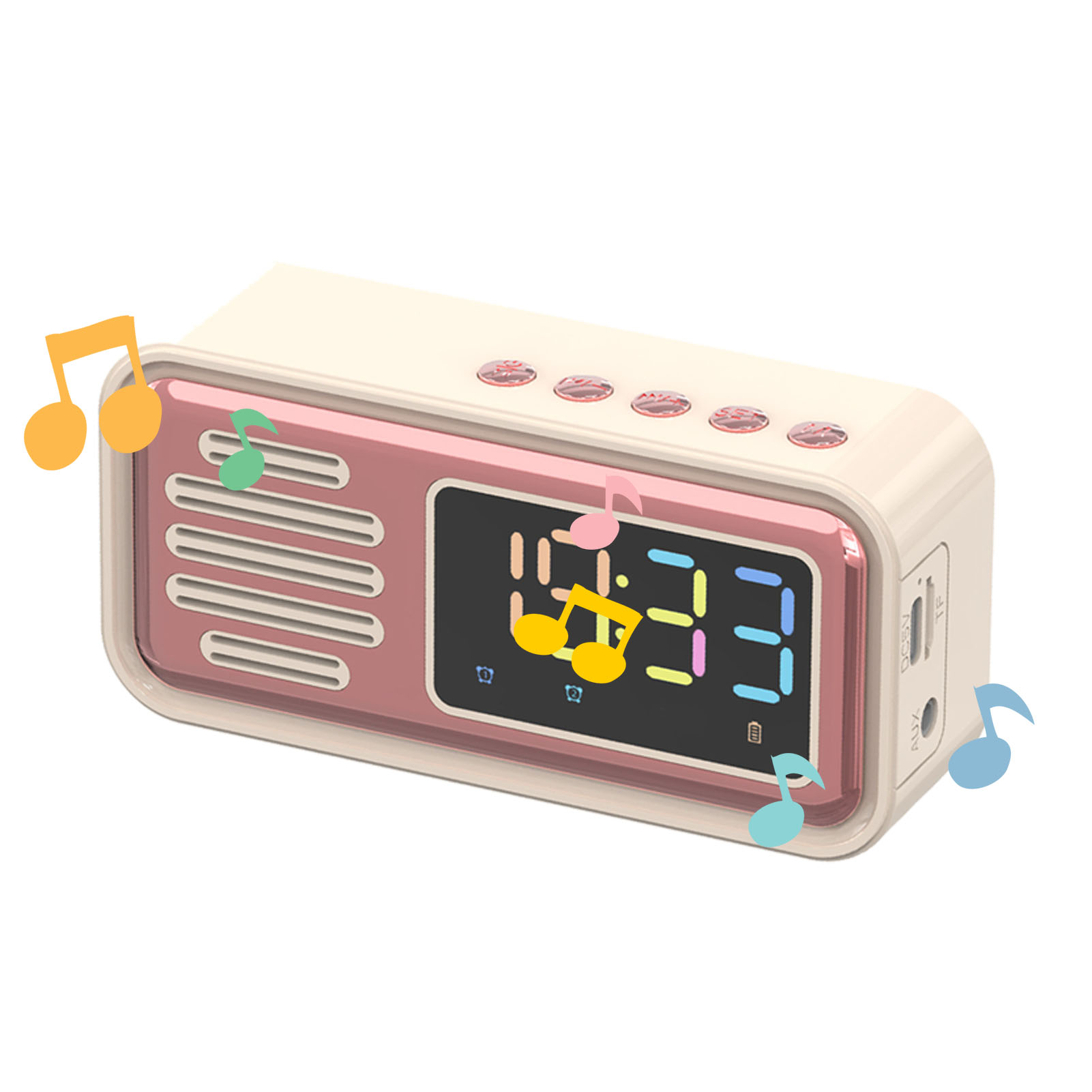 Ein Retro-Radio mit digitaler Anzeige, Musiknoten und Knöpfen.