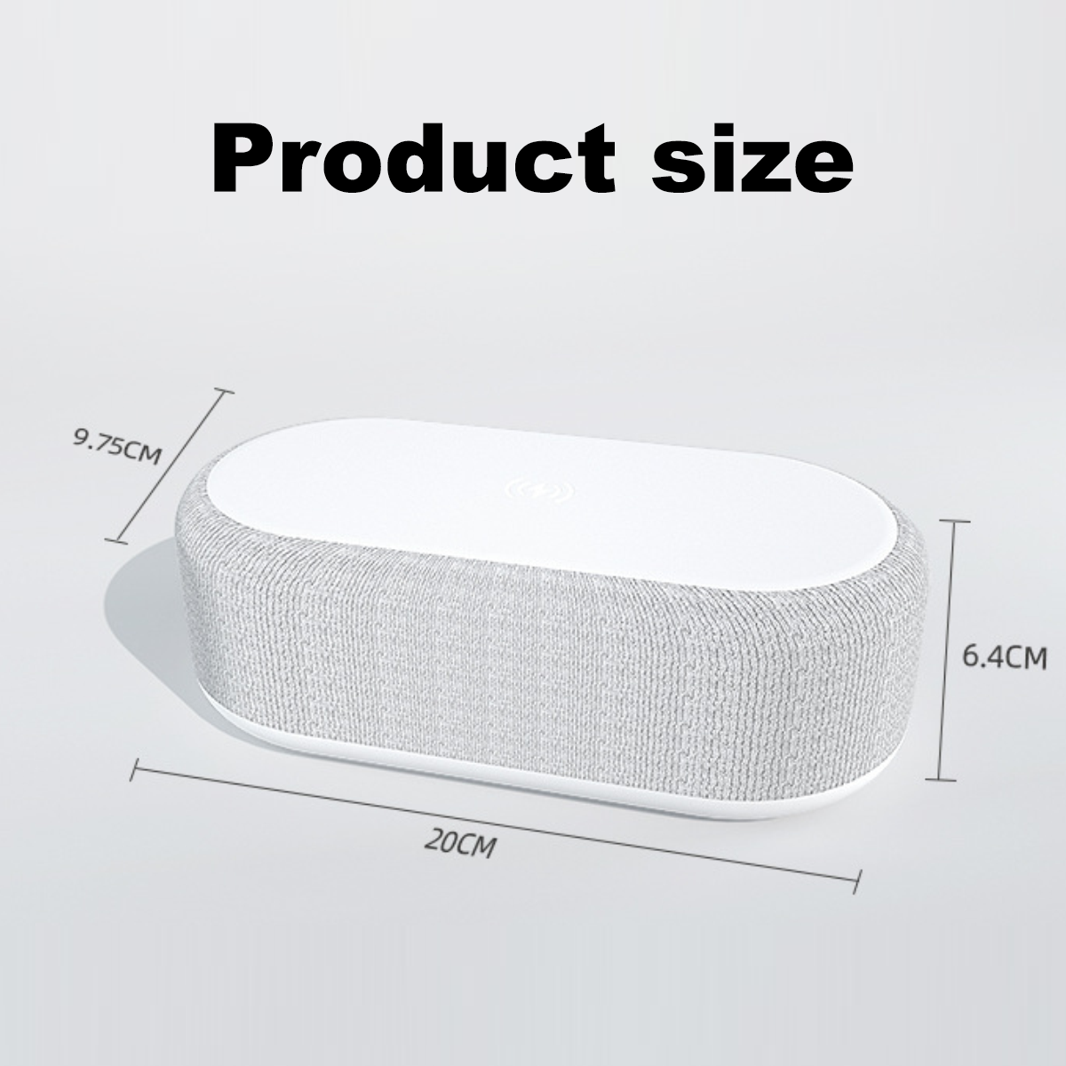 Ein weißes ovales Gerät mit strukturierten grauen Seiten, 20 cm lang, 9,75 cm breit und 6,4 cm hoch.
