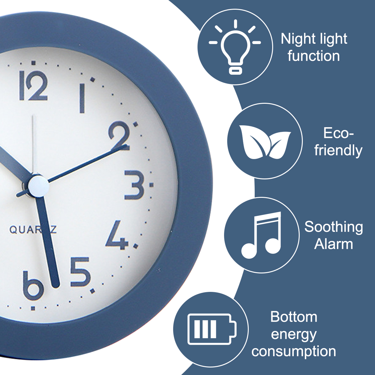 Ein blauer Wecker mit "Night light", "Eco-friendly", "Soothing Alarm" und "Bottom energy consumption".