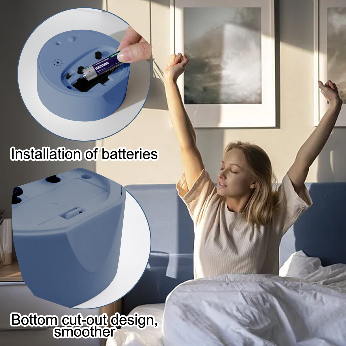 Frau streckt sich im Bett, nebenan wird eine Batterie in einen blauen Wecker eingesetzt.