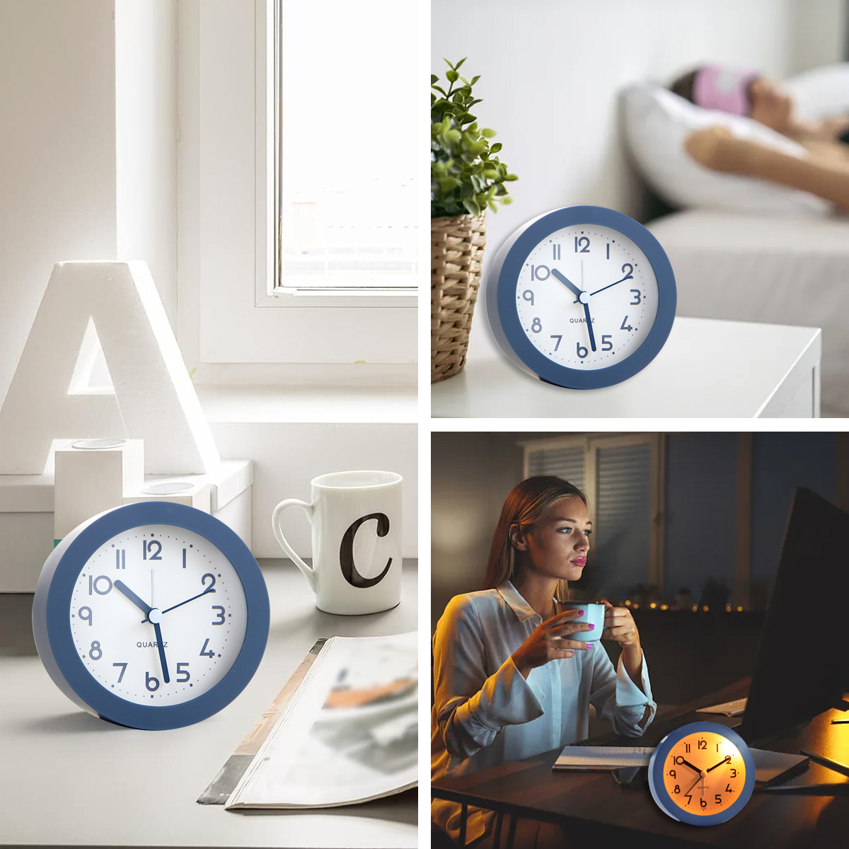 Vier Collagen: Wecker, Pflanze, Tasse, Frau am Schreibtisch.