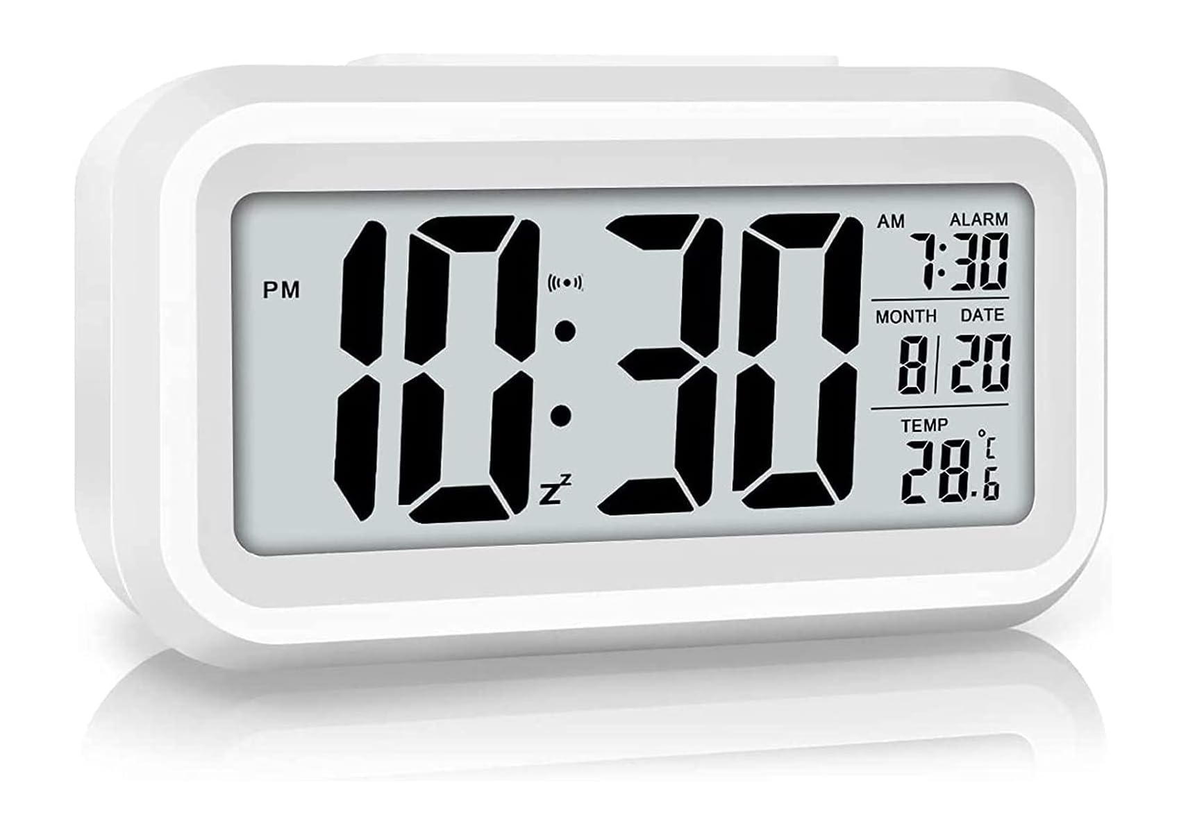 Ein weißer digitaler Wecker zeigt 10:30 Uhr, Alarm 7:30, Datum 8/20, Temperatur 28,6°C.