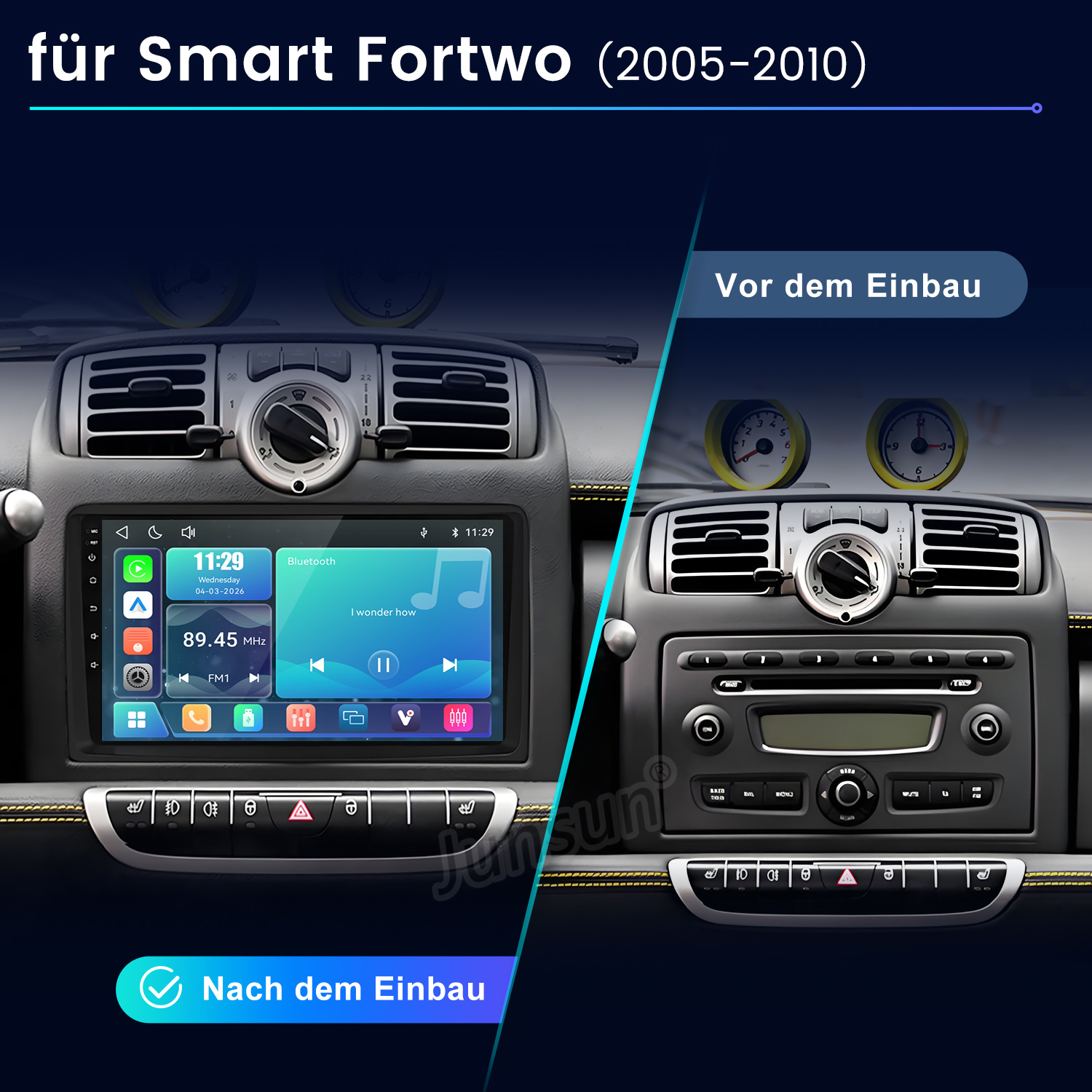 Vergleich Smart Fortwo: Vor und nach Einbau Autoradio mit Touchscreen.