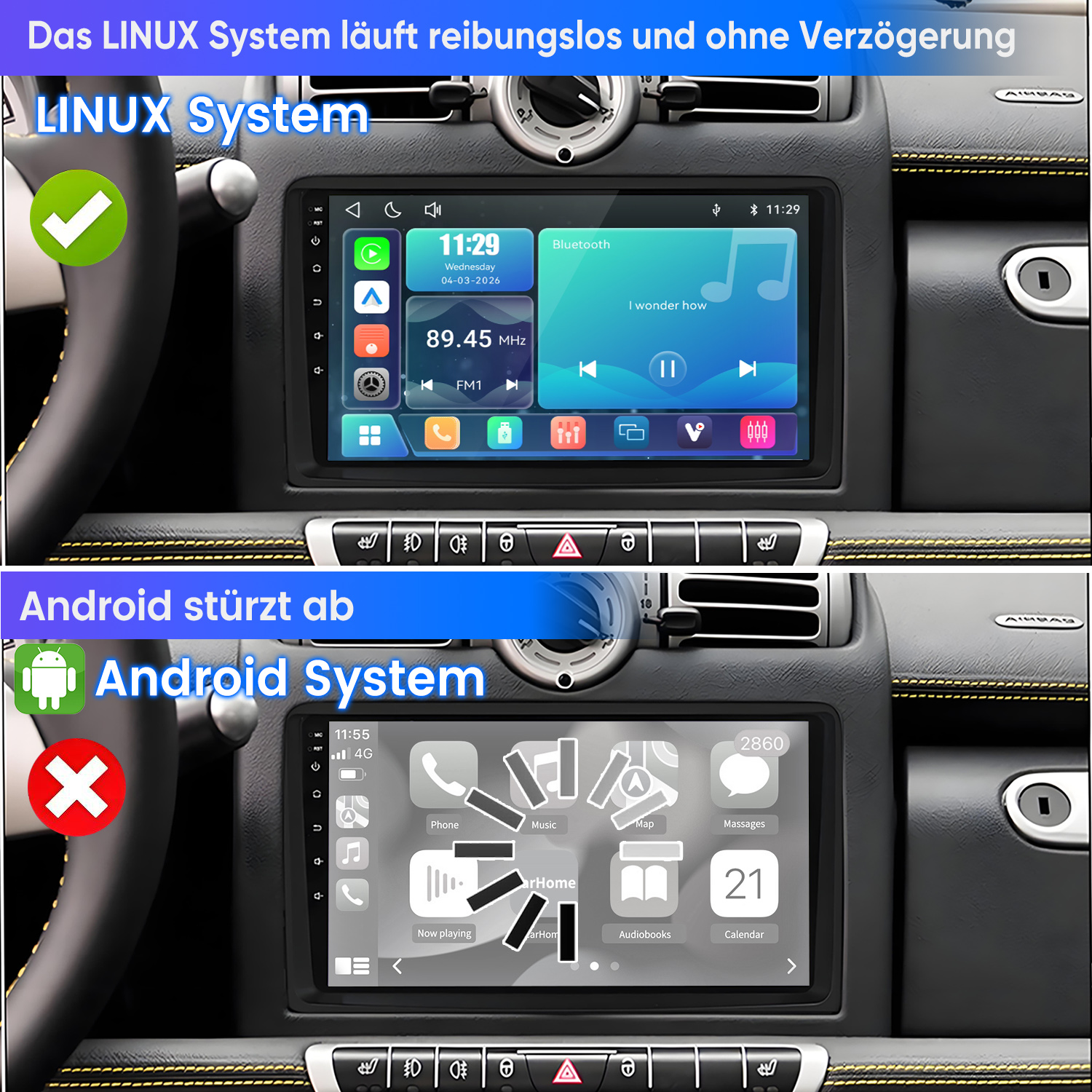 Ein Auto-Infotainmentsystem zeigt zwei Betriebssysteme: Linux (oben) und Android (unten).