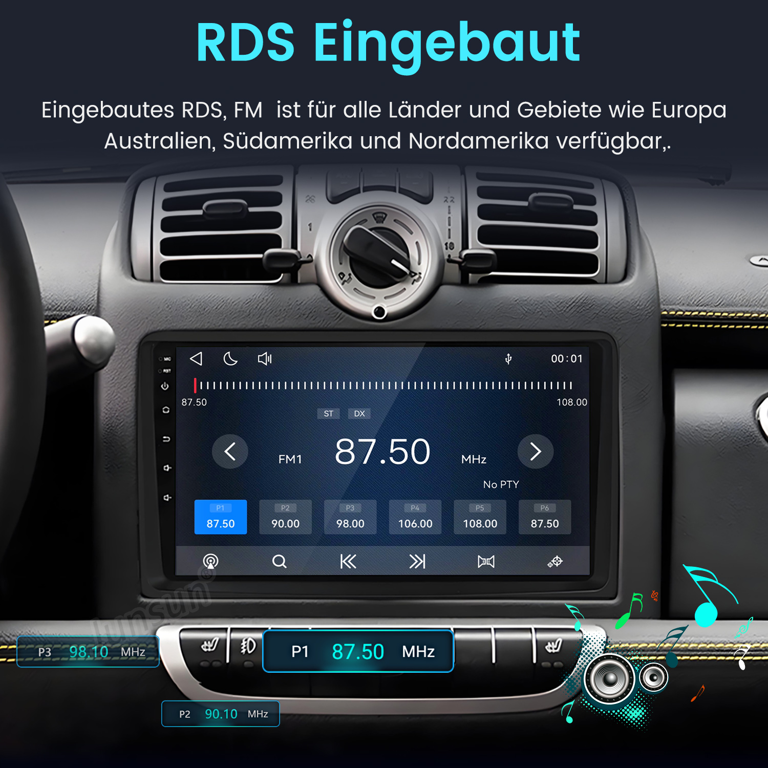 Einbau-RDS-Radio mit Touchscreen-Anzeige, zeigt FM1 bei 87,50 MHz an.
