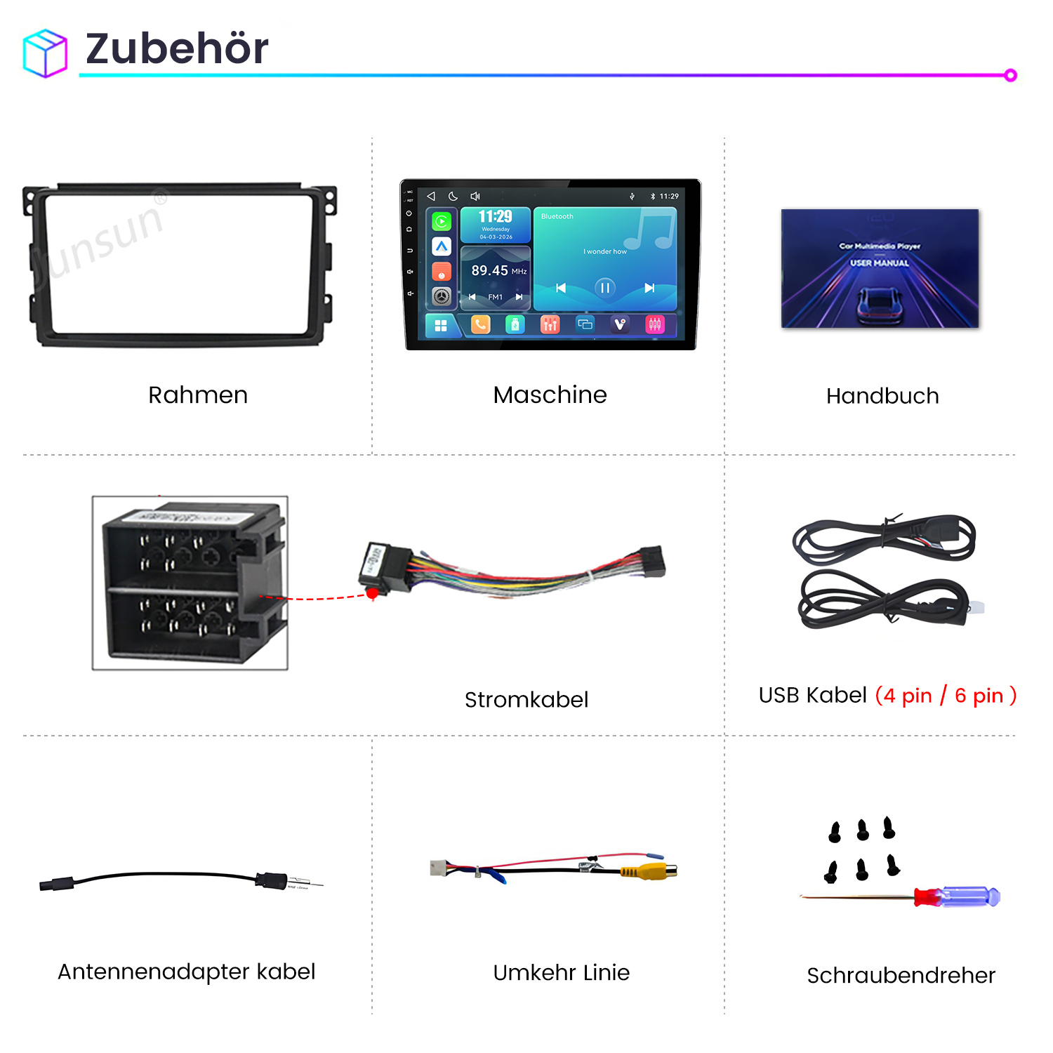 Das Bild zeigt Zubehörteile für ein Autoradio: Rahmen, Maschine, Handbuch, Kabel, Schraubendreher.