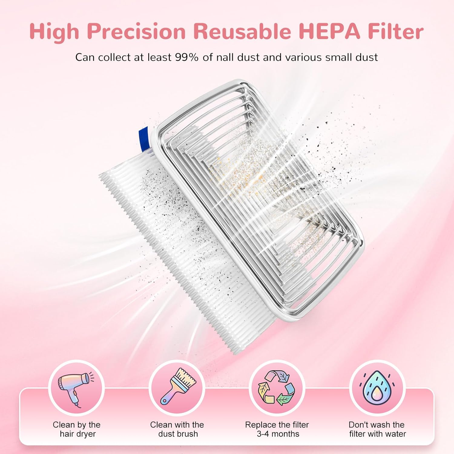 Ein HEPA-Filter mit Staubpartikeln, der mit einem Haartrockner oder einer Bürste gereinigt wird.
