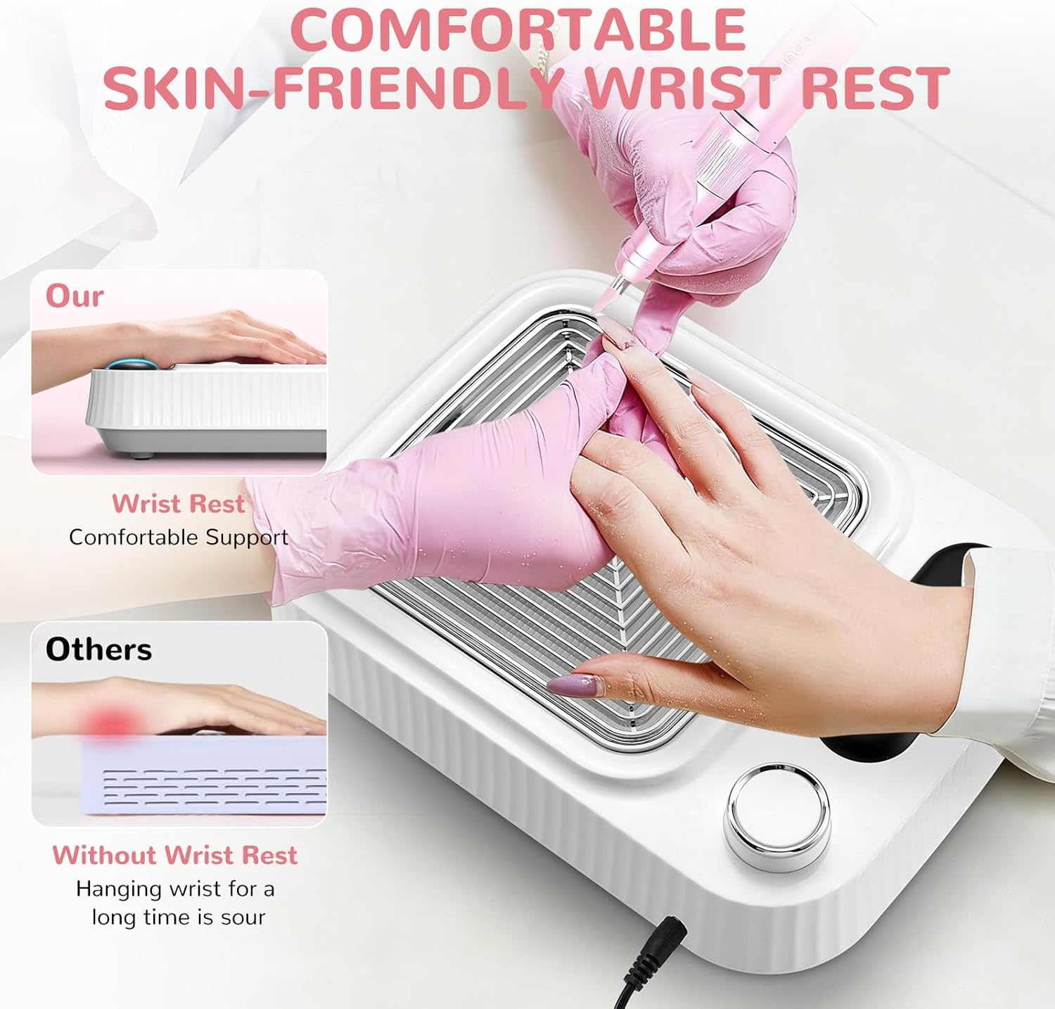 Hände mit rosa Handschuhen benutzen einen Nagelbohrer auf einem weißen Staubabsauger mit Handauflage.