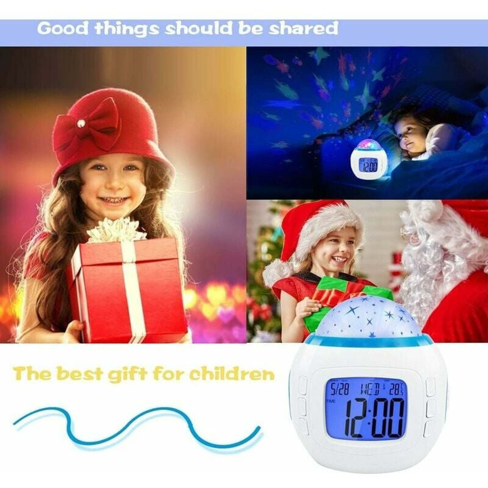 Collage zeigt Kinder mit Geschenken, ein Sternenprojektor und ein digitaler Wecker.