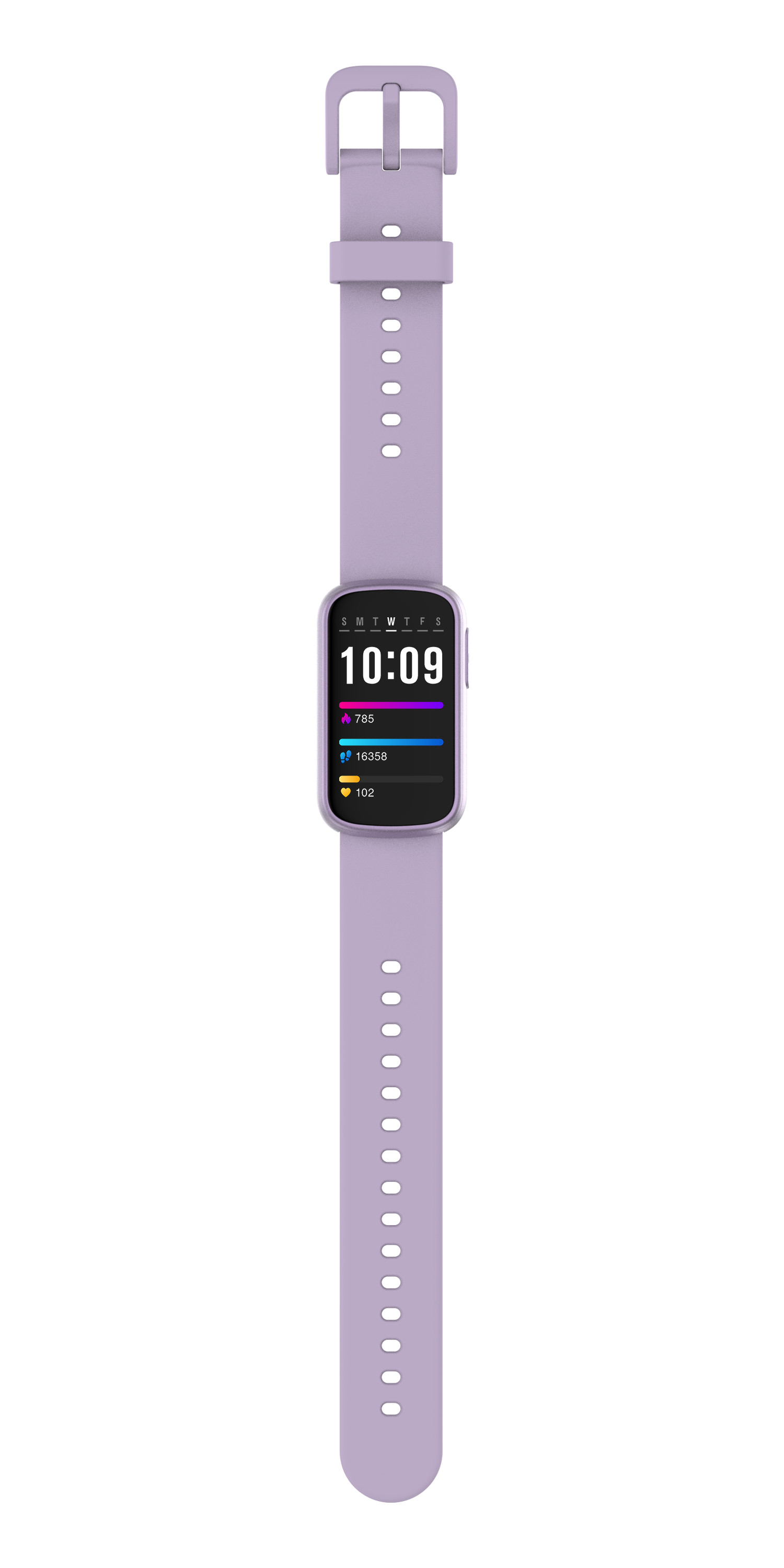 Eine lavendelfarbene Smartwatch mit einem digitalen Display, das 10:09 Uhr anzeigt.
