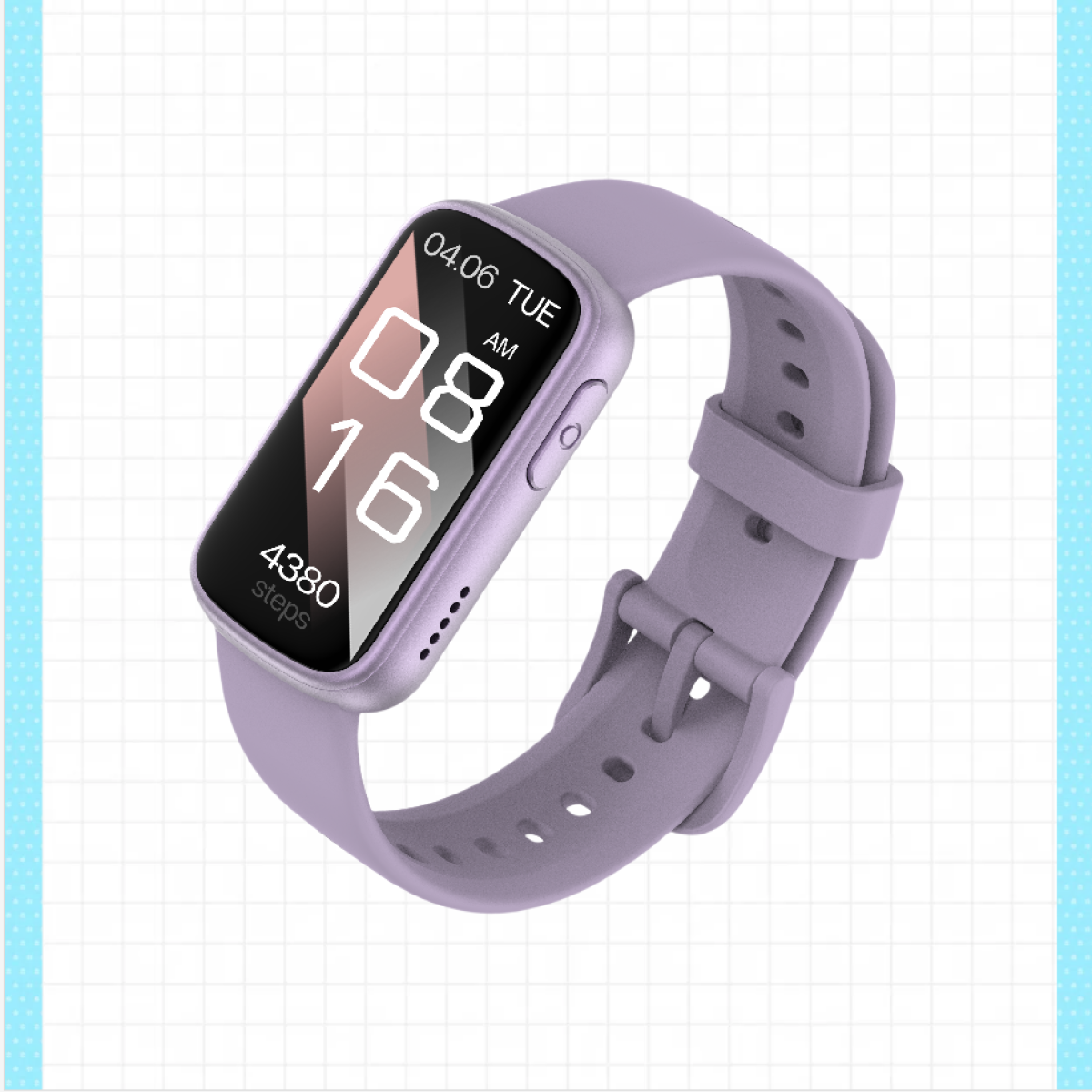 Ein lila Smartwatch mit einem Bildschirm, der 04.06 Di 08:16 AM und 4380 Schritte anzeigt.