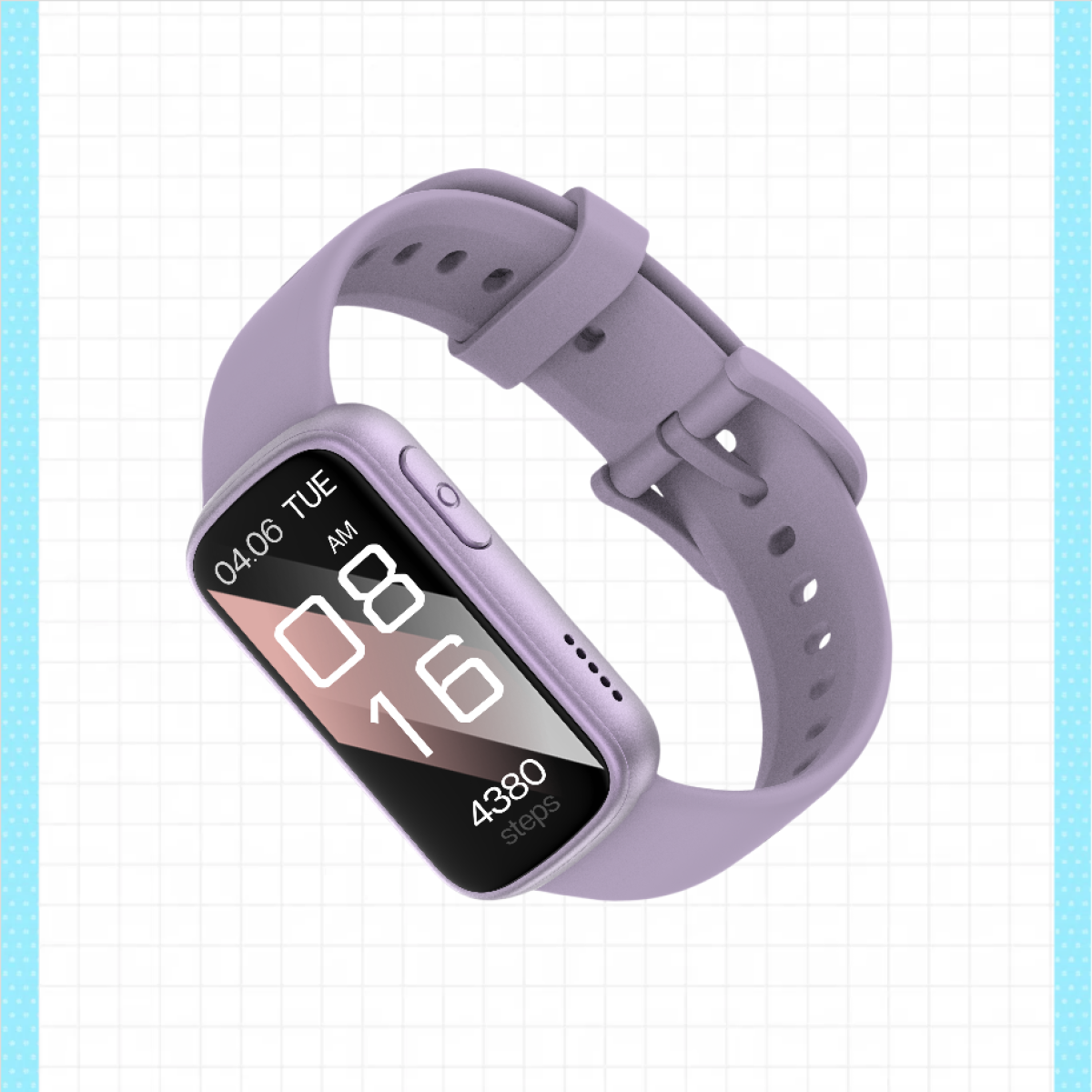 Eine lila Smartwatch mit einem digitalen Display, das Zeit und Schritte anzeigt.