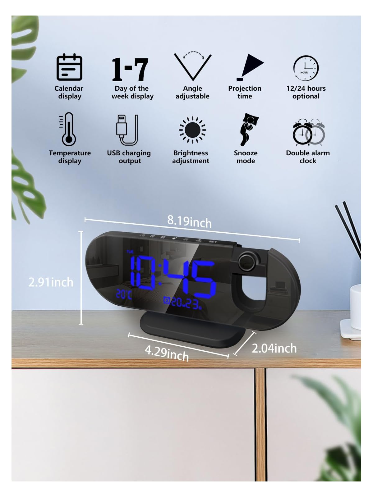 Digitaler Wecker mit blauer Anzeige, Temperatur und Datum.