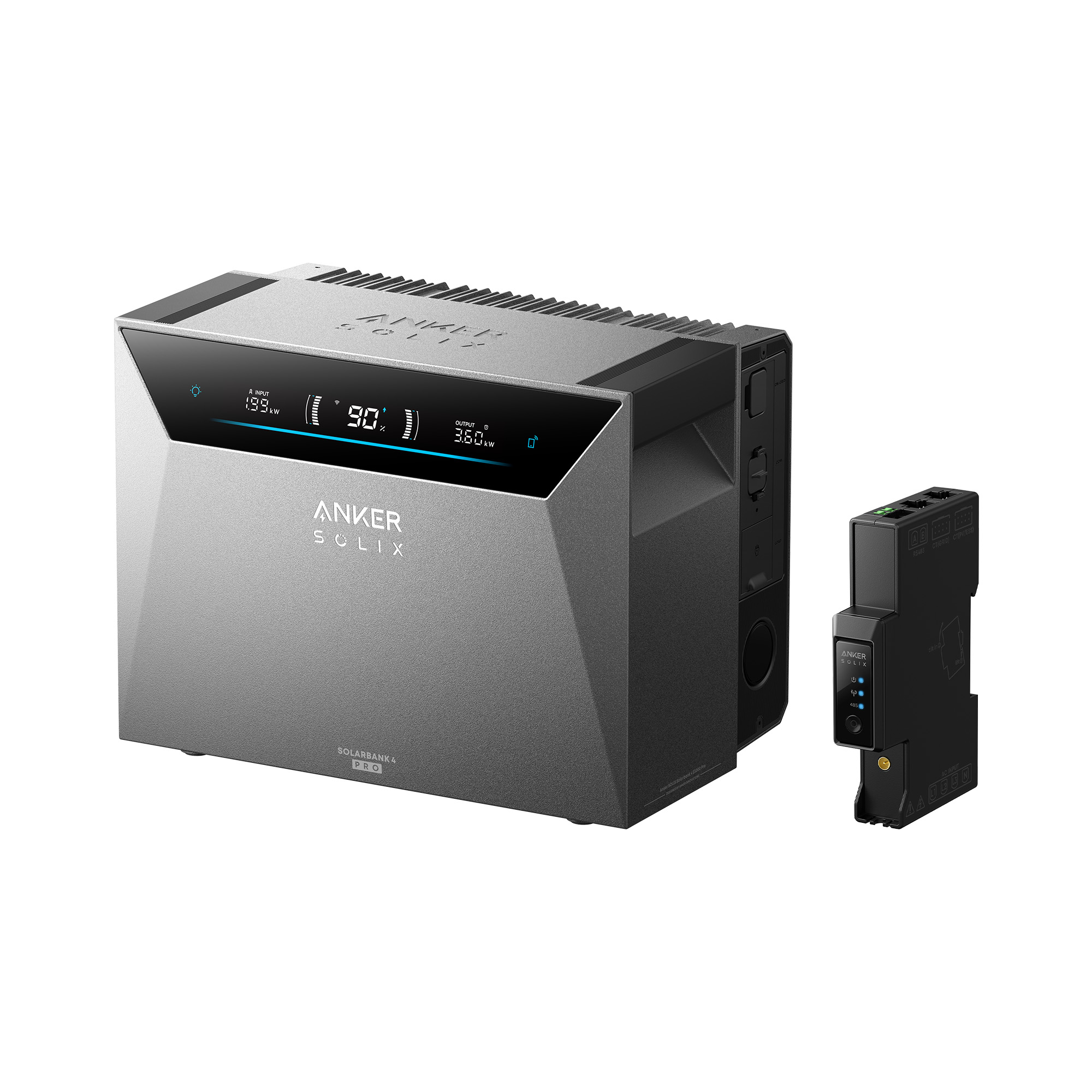 Grauer Solarspeicher mit schwarzem Zusatzmodul. Display zeigt 1.99 kW Input, 90% und 3.60 kW Output.