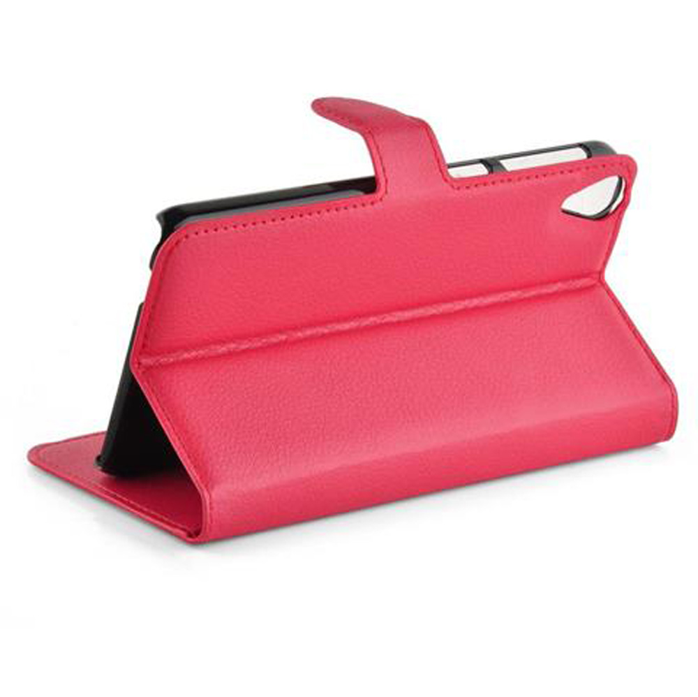Custodia a libro rosa per cellulare con cinturino, mostra un telefono.