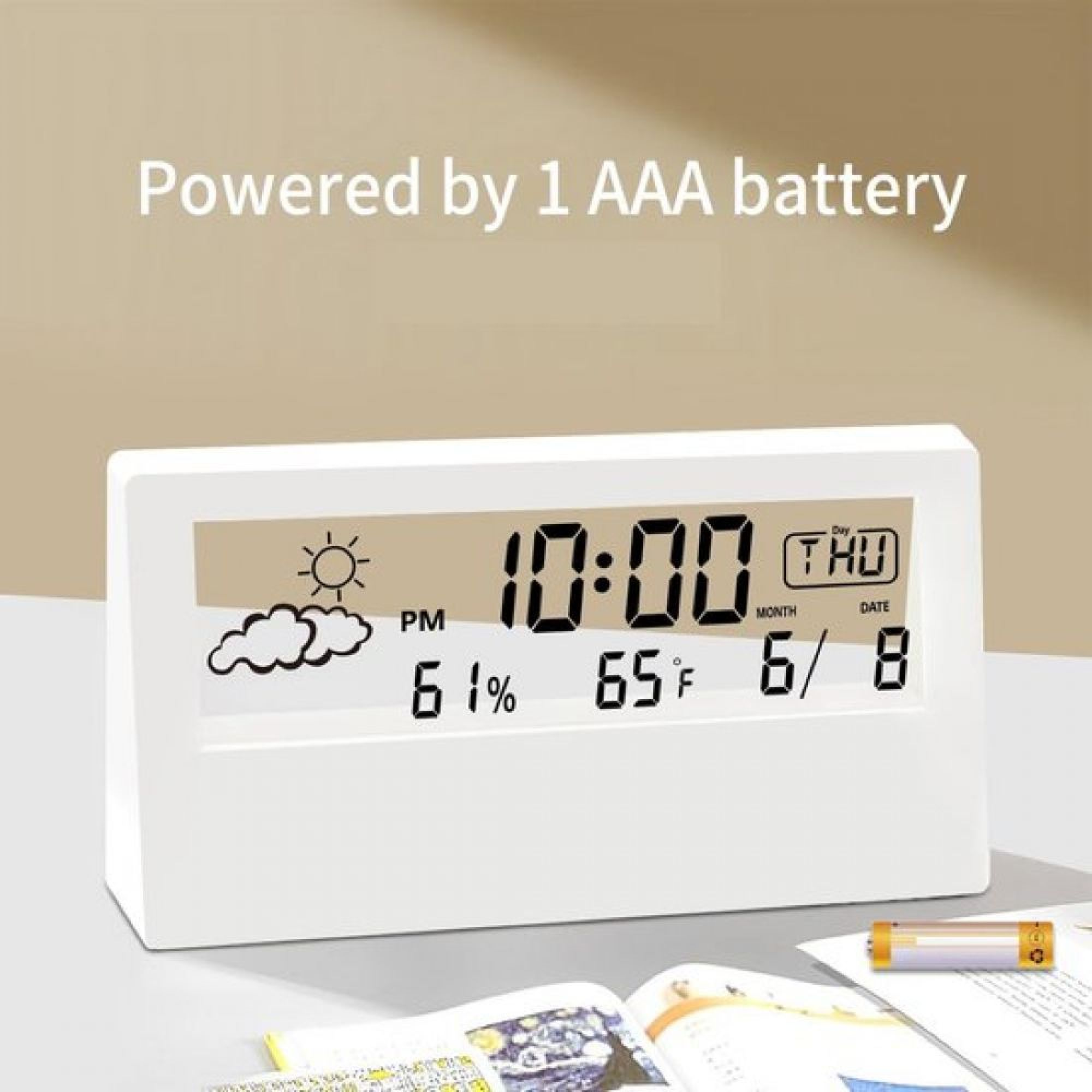 Weißer Digitalwecker zeigt 10:00, 61% Feuchtigkeit, 65°F, Donnerstag, 6/8.