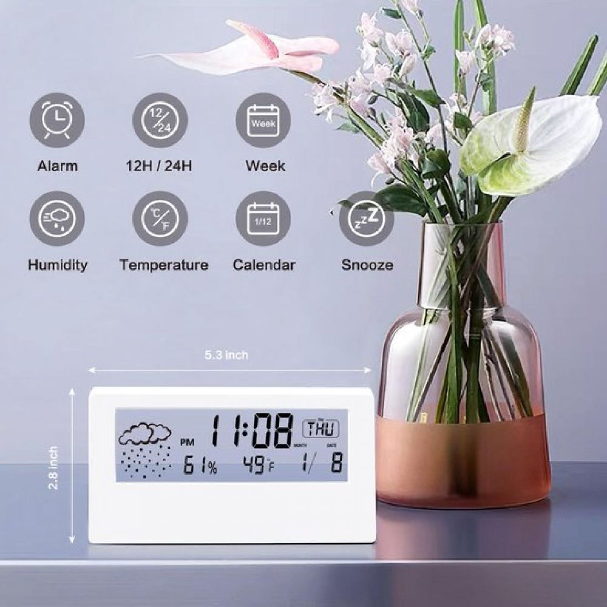 Ein digitaler Wecker zeigt 11:08 Uhr, 61% Luftfeuchtigkeit, 49°F und das Datum.