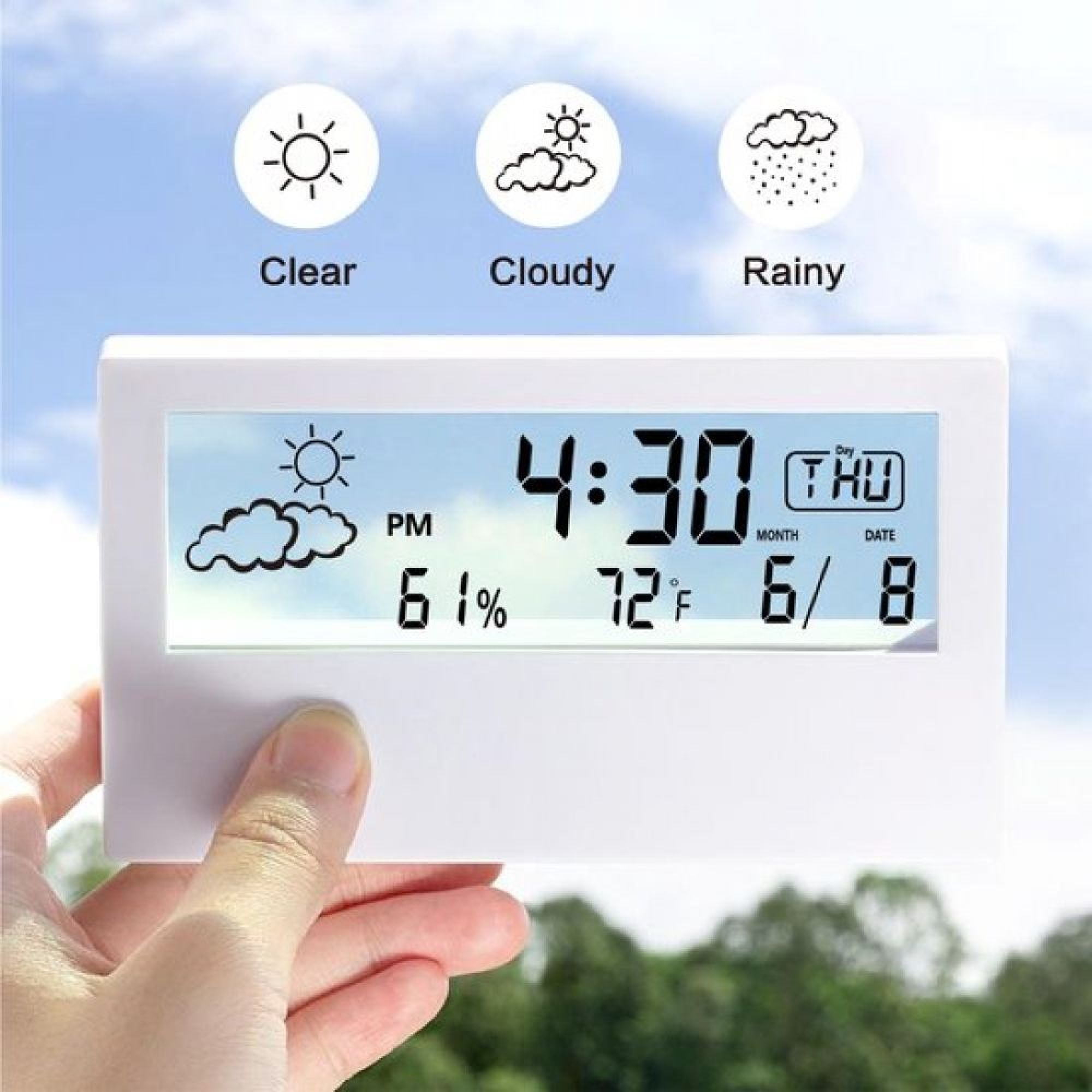 Digitaluhr zeigt 4:30 PM, 61% Luftfeuchtigkeit, 72°F, Donnerstag, 6/8.