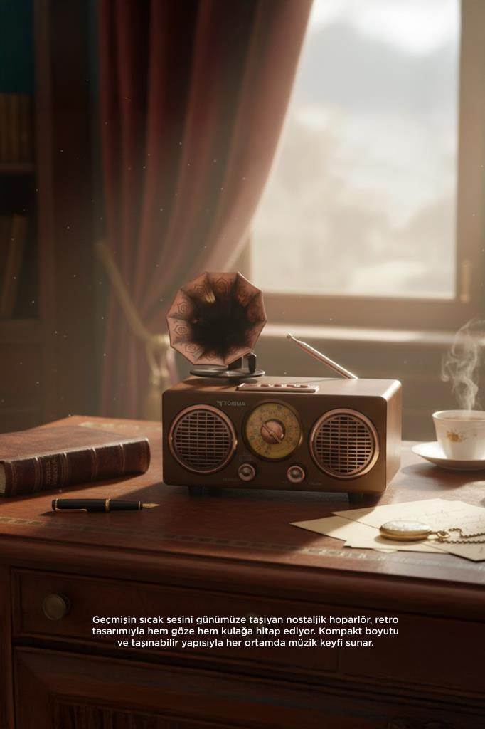 Gramofon eklentili kahverengi retro radyo, kitap ve fincan kahvenin yanında ahşap bir masada duruyor.