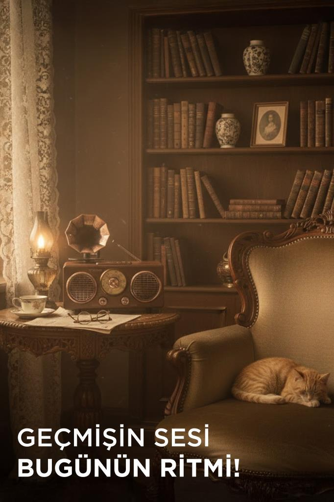 Eski bir radyo ve kitaplık yanında koltukta uyuyan bir kedi.