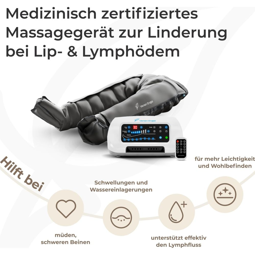 Ein medizinisches Massagegerät für Beine mit Fernbedienung und Symbolen.