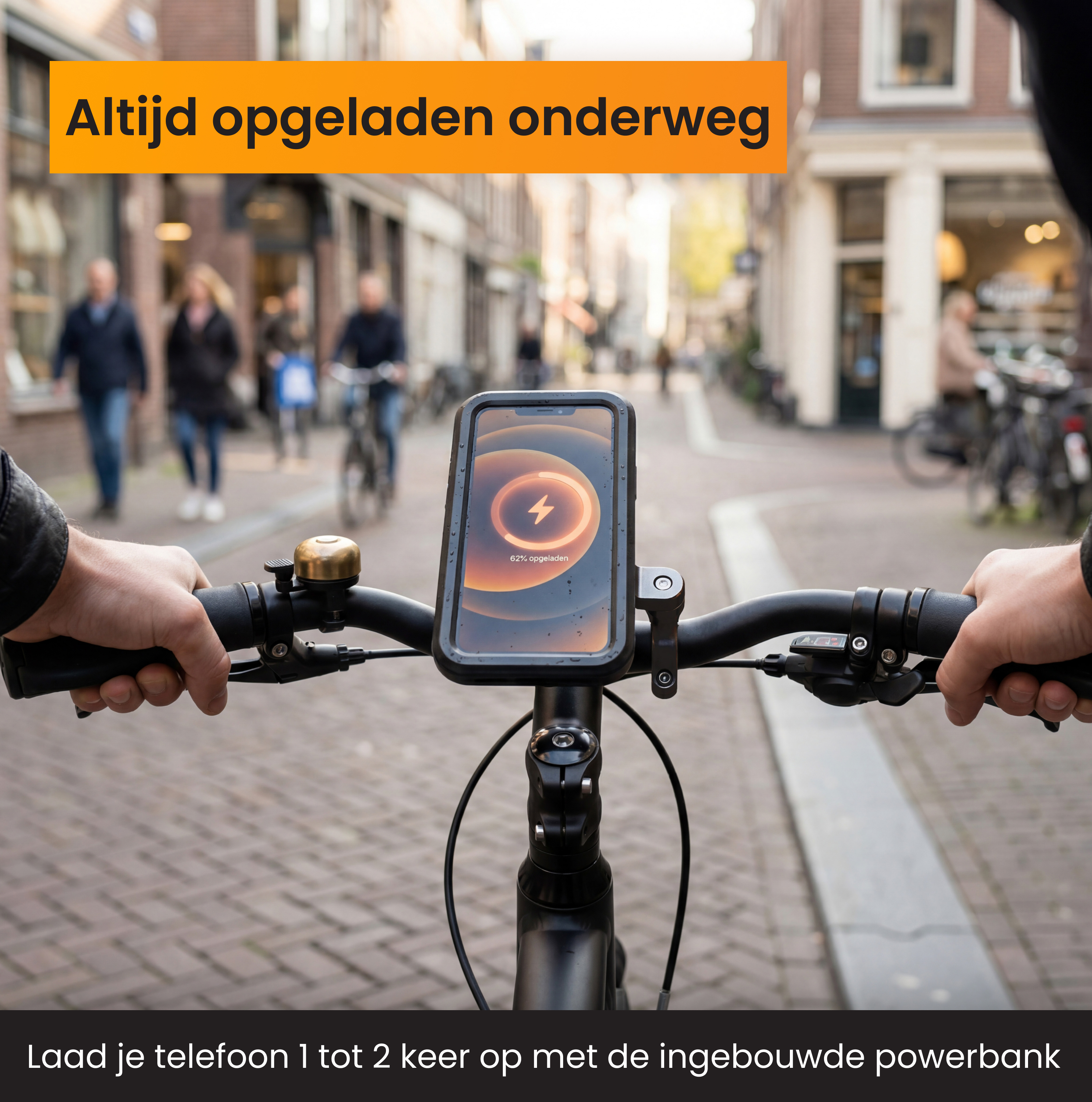 Fahrradlenker mit Handyhalterung, das Handy zeigt 62% Ladung an.