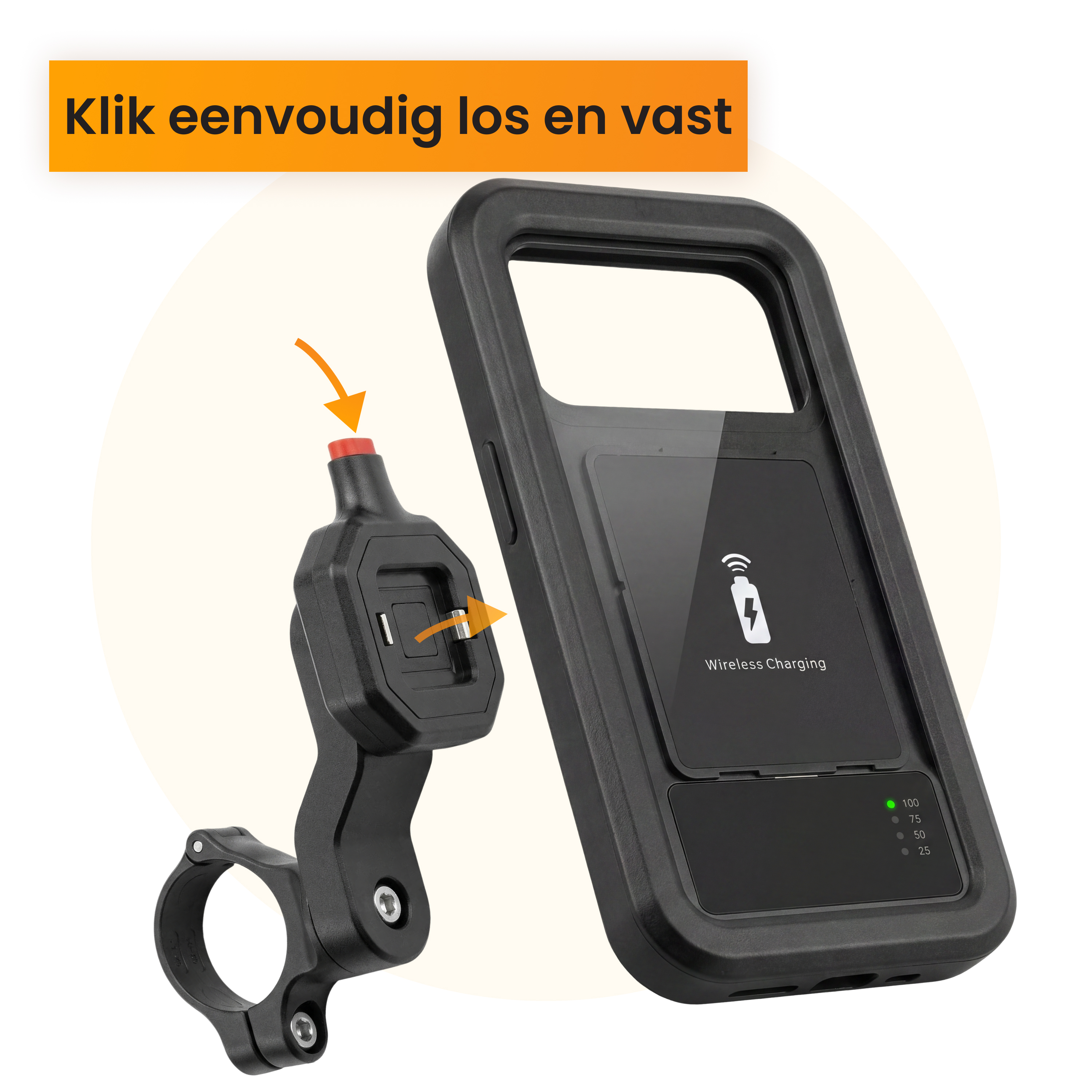 Ein schwarzer Fahrradhalter mit einem Handygehäuse mit kabelloser Ladeanzeige.