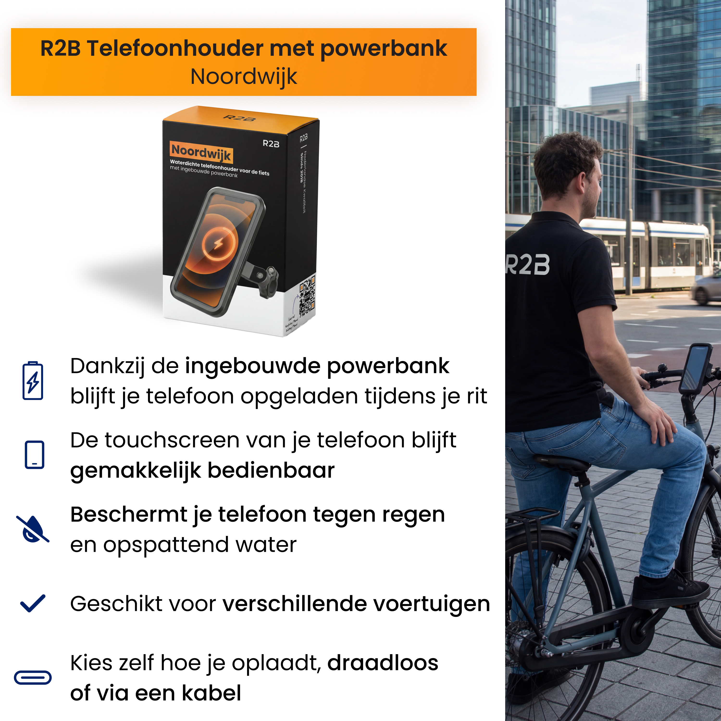 Telefonhalter mit Powerbank, Mann auf Fahrrad, Stadtgebäude im Hintergrund.